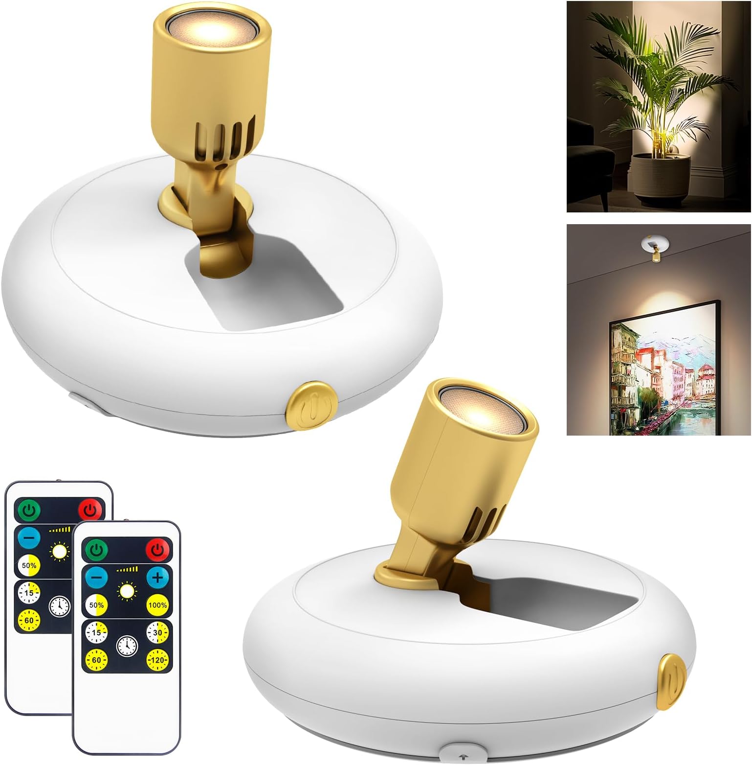 Led Spotlight Battery Powered,Wireless Picture Lighting for Painting Art Display on Wall with Remote, Indoor Uplight for Tree Plants, Dimmable Puck Accent Light for Painting Frame Portrait Gallery
