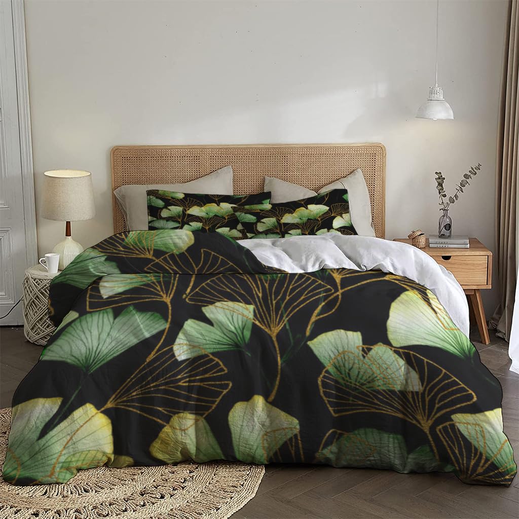 NIBAINLO 布団カバー黒地に緑と金の銀杏の葉 肌に優しい ピーチスキン加工 掛け布団カバー 和式 洋式 あったか 布団カバーセット リバーシブル ホームステイ ホテル 家庭兼用