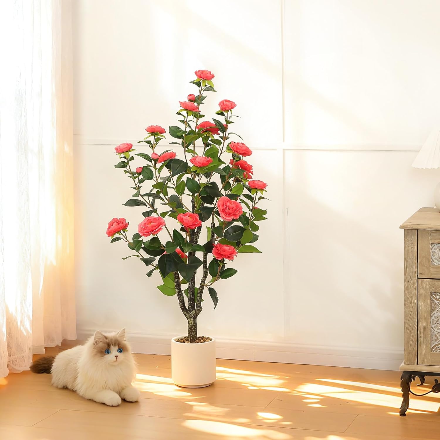 Artificial Camellia Tree 2 Pack – 40'' Realistic Fake Potted Plant with 30 Pink Flowers, Lifelike Faux Camellia Trees for Home, Living Room, Patio, Wedding, Event Decoration - Image 6