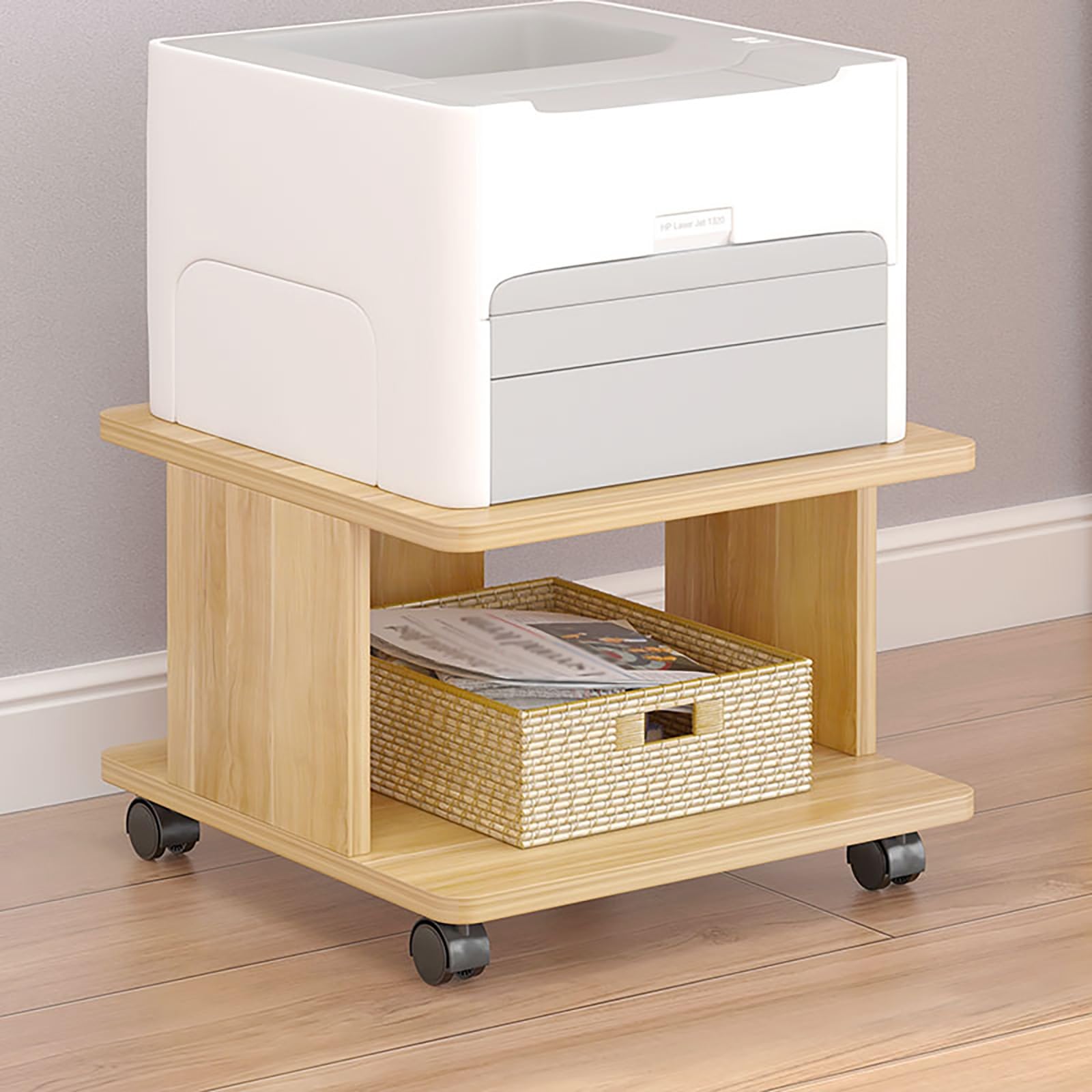 2 Tier Wooden Small Printer Table with Storage, Small Table for Printer, Under Desk Printer Stand, Rolling Printer Cart Shelf with Lockable Wheels for Home, Office(Natural,50 * 50cm)