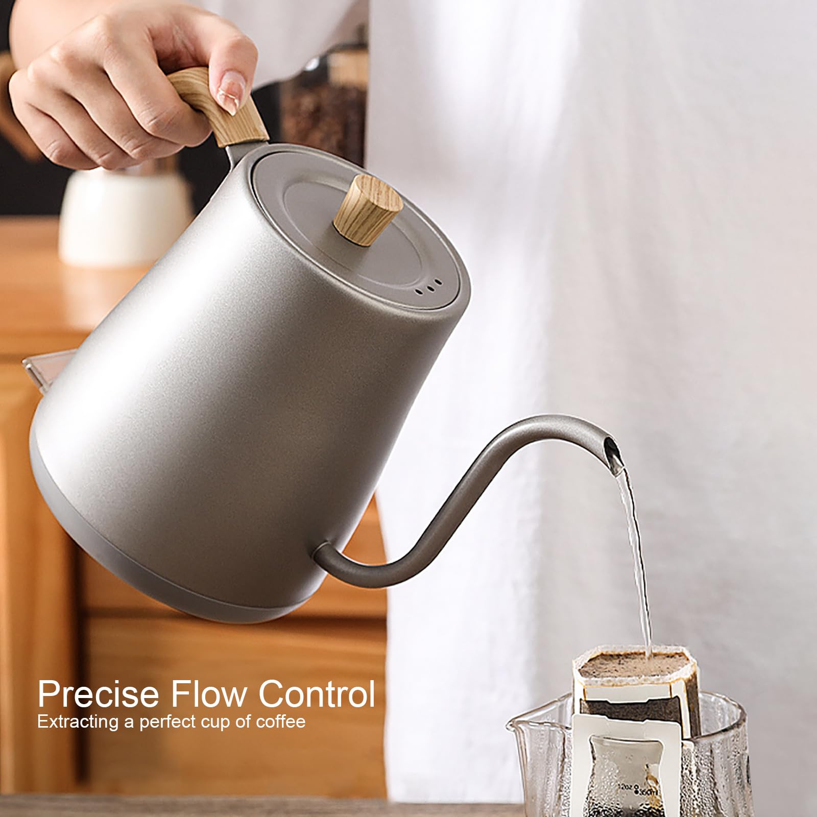 Gooseneck Digital Electric Kettle Set, 304 Stainless Steel Interior Programmed Temperatures with ±1℉ Temperature Control Function, 1000 Watt Rapid Boiling And Keep Warm Function,Silver
