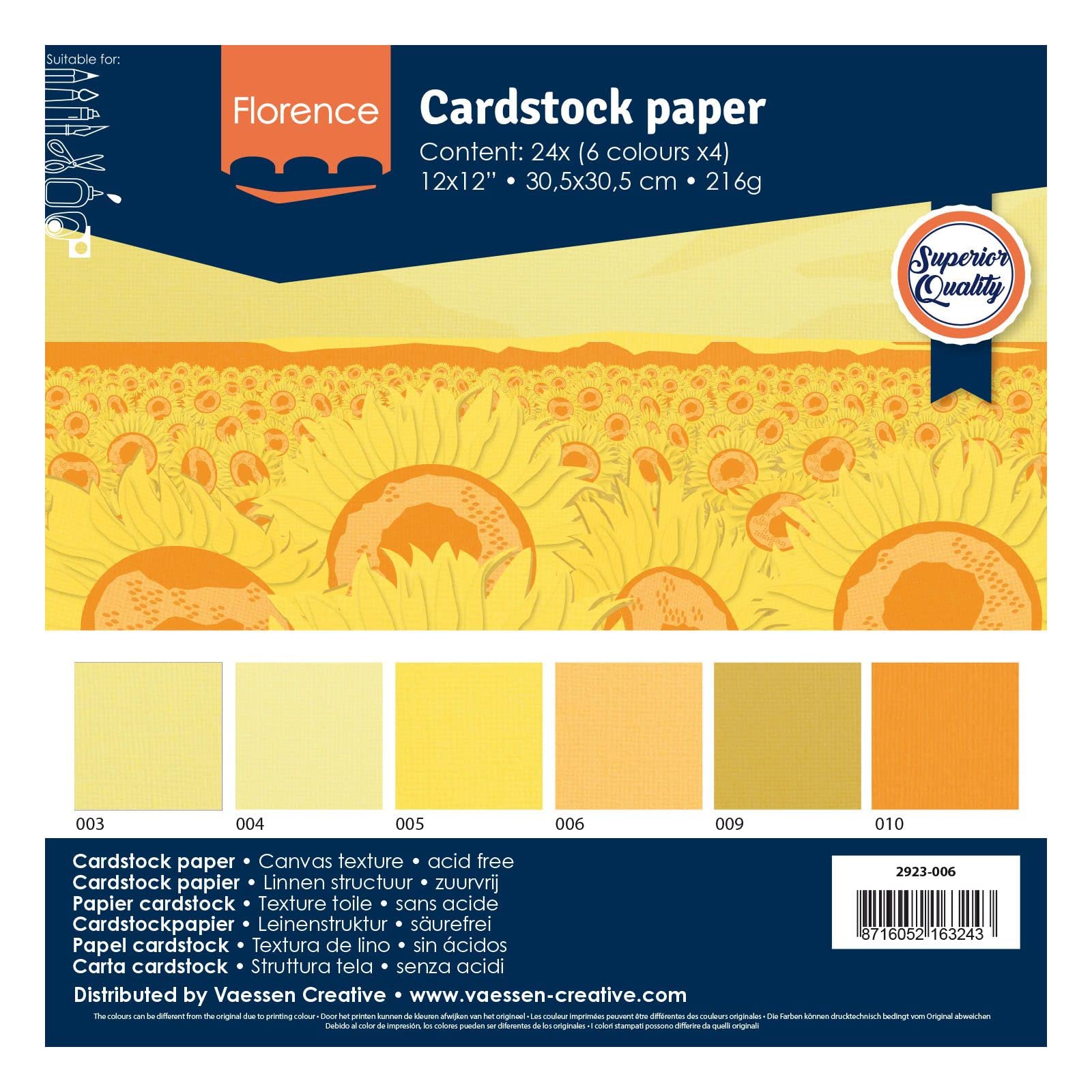 Cartoncino Colorato Giallo Bee - Florence Liscio 30,5x30,5 Cm, 20 Fogli, 216 Gsm, Per Scrapbooking E Biglietti Fai Da Te