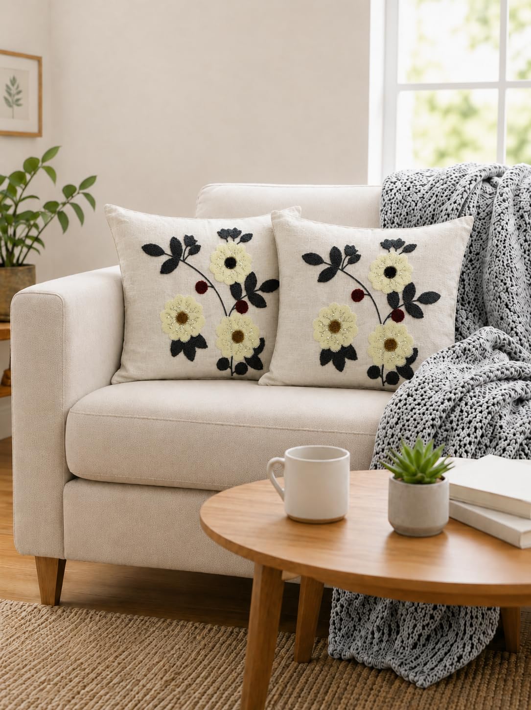 CASA-NEST Off White Cushion Covers 16x16 Inches Set of 2 | Embroidered Flower Throw Pillow Covers | Decorative Cushion Covers for Sofa, Couch, Bedroom & Living Room | Premium Fabric(Off White )DS-2-image-38