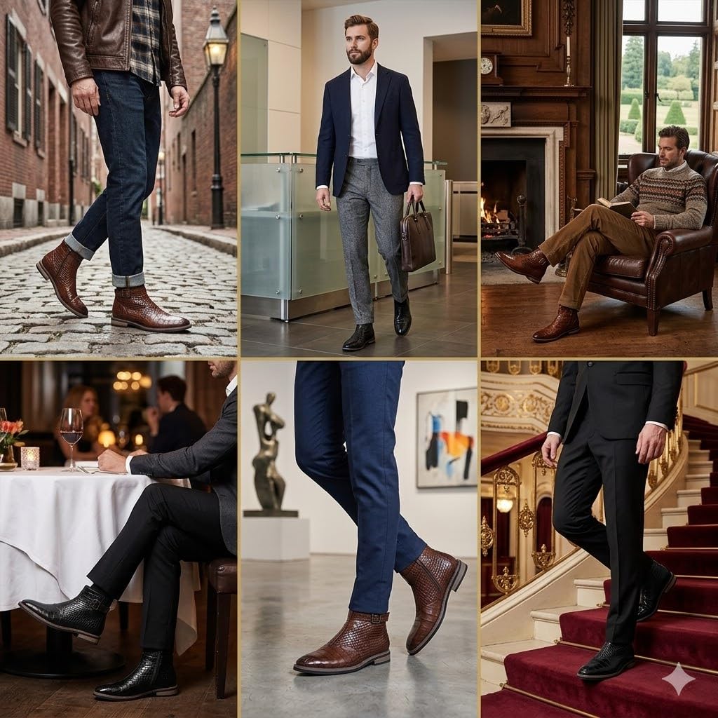 Stivaletti Uomo Stampa Coccodrillo Pelle Formale Chelsea Boots Fibbia Punta Affusolata Scarpe Eleganti Matrimonio Lavoro