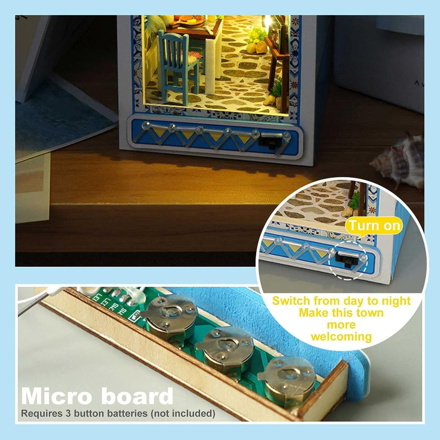 Model edukacyjny Drewniane puzzle 3D Bookend, zestaw do samodzielnego czytania książek do wystroju półki, podświetlane małe miniaturowe zestawy modeli dioramy do domku dla lalek dla dorosłych unisex (