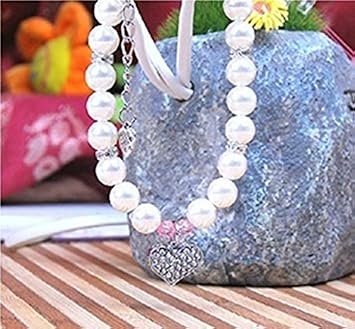 Fancy Pinky Crystal Heart Pet Cat Dog Necklace Jewelry with Bling Pearls Rhinestones Charm for Pets Cats Small Dogs Girl Teacup Chihuahua Yorkie Clothes Costume Outfits (8-Inch)