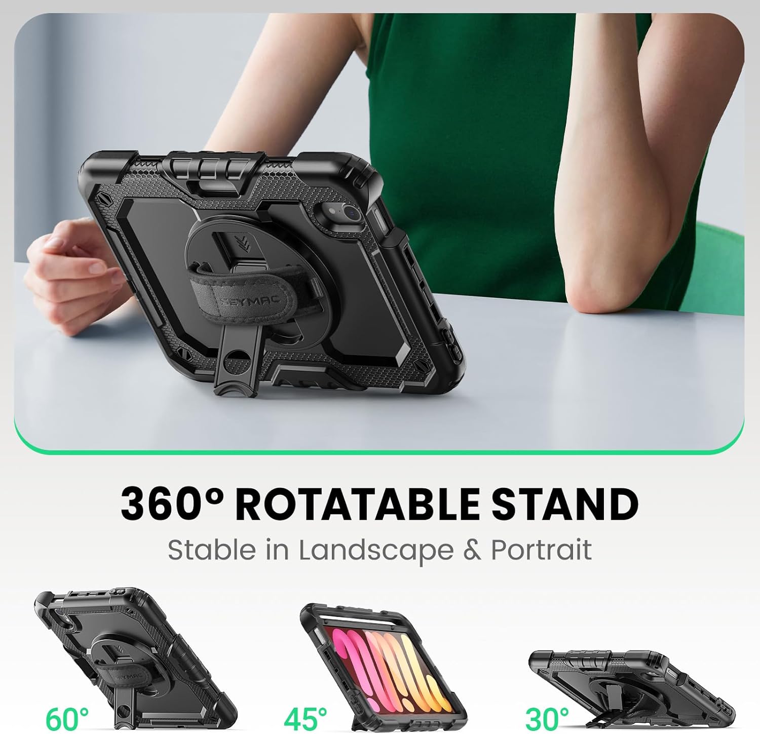 SEYMAC Case for iPad mini 7 (A17 Pro) 2024/ Mini 6 8.3″, Full-Body Shockproof Protective Case with Screen Protector, 360° Rotating Stand, Hand/Shoulder Strap for iPad mini 7th/ 6th Generation, Black - Image 4