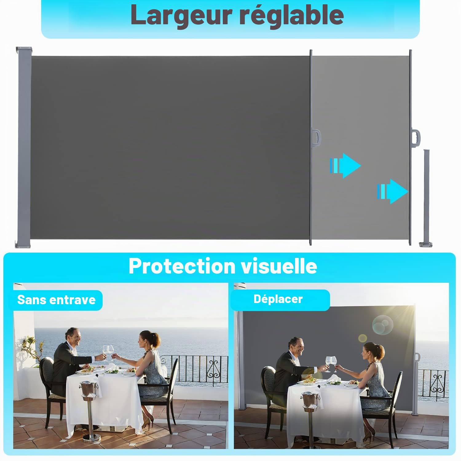 Gimisgu Store latéral, 160x300cm Auvent latéral Extensible Brise-Vue Opaque, Coupe-Vent, Protection Solaire, Paravent Extérieur, pour Balcon, Terrasse et Jardin, Polyester, Gris M3783-EM