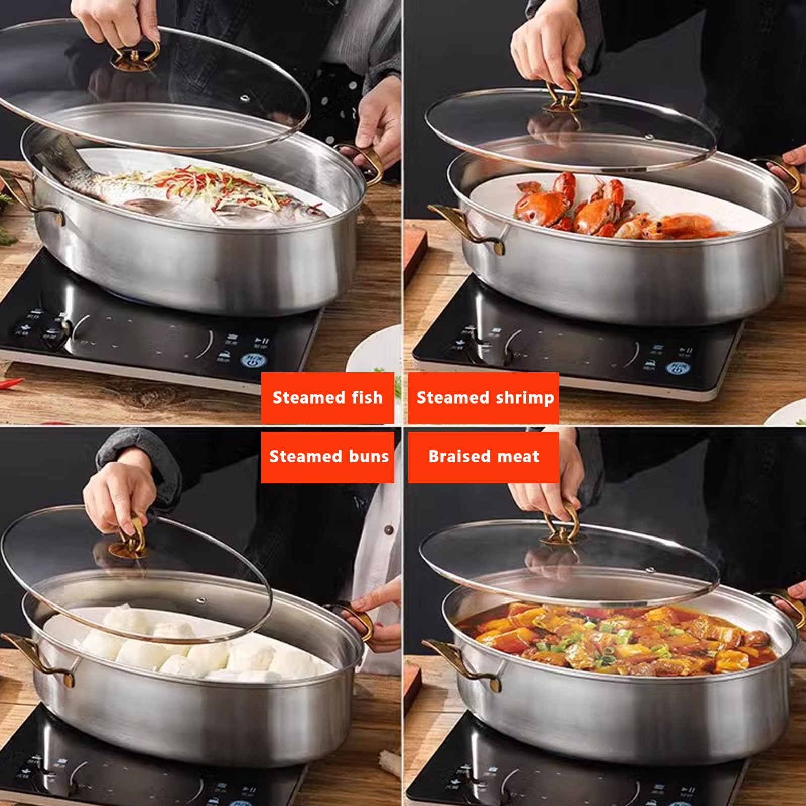 Dampfgartopf aus Edelstahl 304, elliptischer gedämpfter Fischtopf zum Kochen, Mehrzweck-Kochgeschirr mit Deckel für Fisch, Tamale, Knödel, Soße, silberner Griff (Silbergriff)
