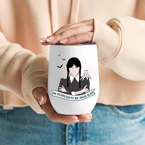 Miniatura 2 de PuGez Vaso de vino Wednesday Merchandise de 12 onzas, vaso de vino negro de acero inoxidable, regalos de mercancía de televisión del miércoles para