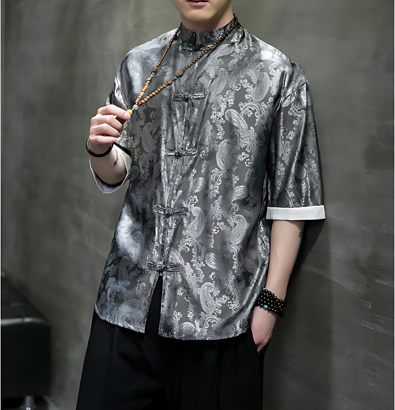 Men's Kung Fu Shirt,Traditional Chinese Hanfu Tang Suit Coat with Silk Printing,Half Sleeve Top for Casual Summer Outfits Grey