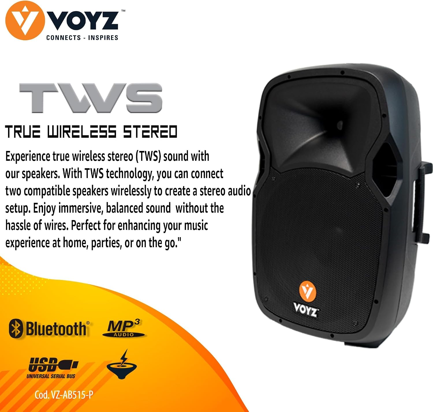 Graphic explaining True Wireless Stereo (TWS) feature with two speakers