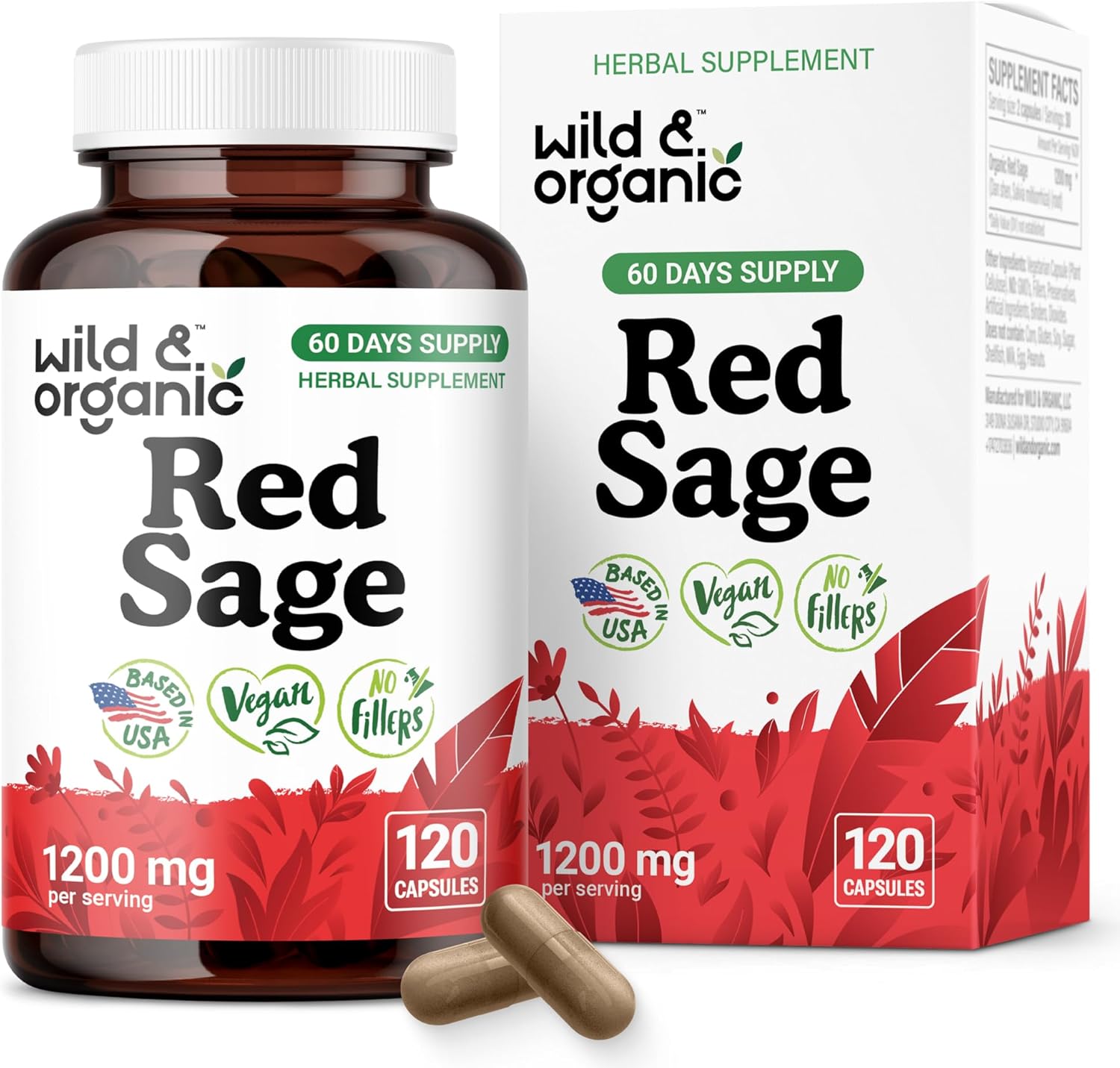 Wild & Organic Red Sage Capsules - 1200 mg Dan Shen Supplement - Chinese Red Sage Powder for Antioxidant Support - 60 Days of Supply - 120 Vegan Capsules - Non-GMO, Vegan, No Fillers