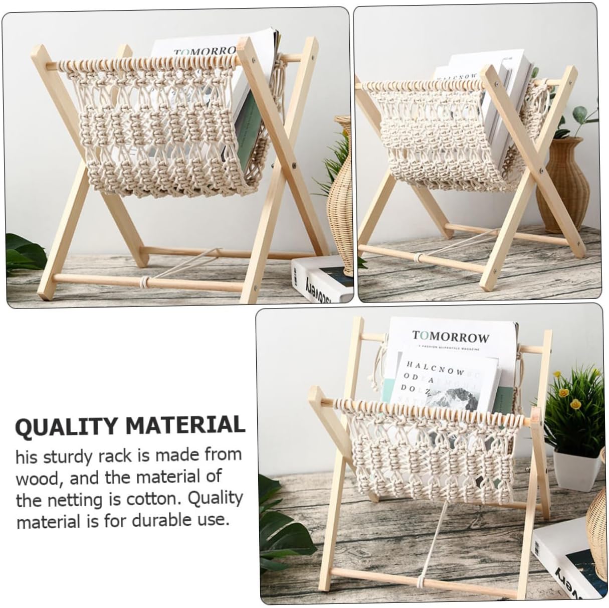 Rustic Hand Woven Book Rack Versatile Storage Stand for Magazines Books and Items Bohemian Style Organizer for Home Office Bedroom and More
