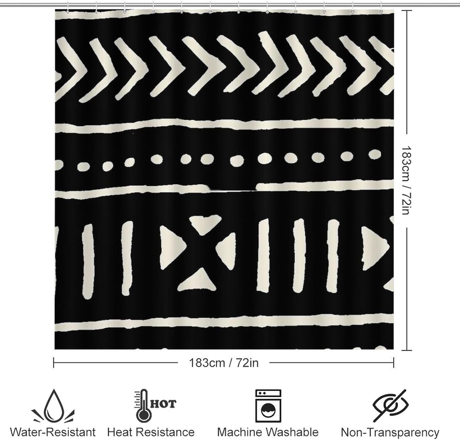 African Mud Cloth Black and White Bathroom Four Piece Set, Including Floor Mat and Shower Curtain