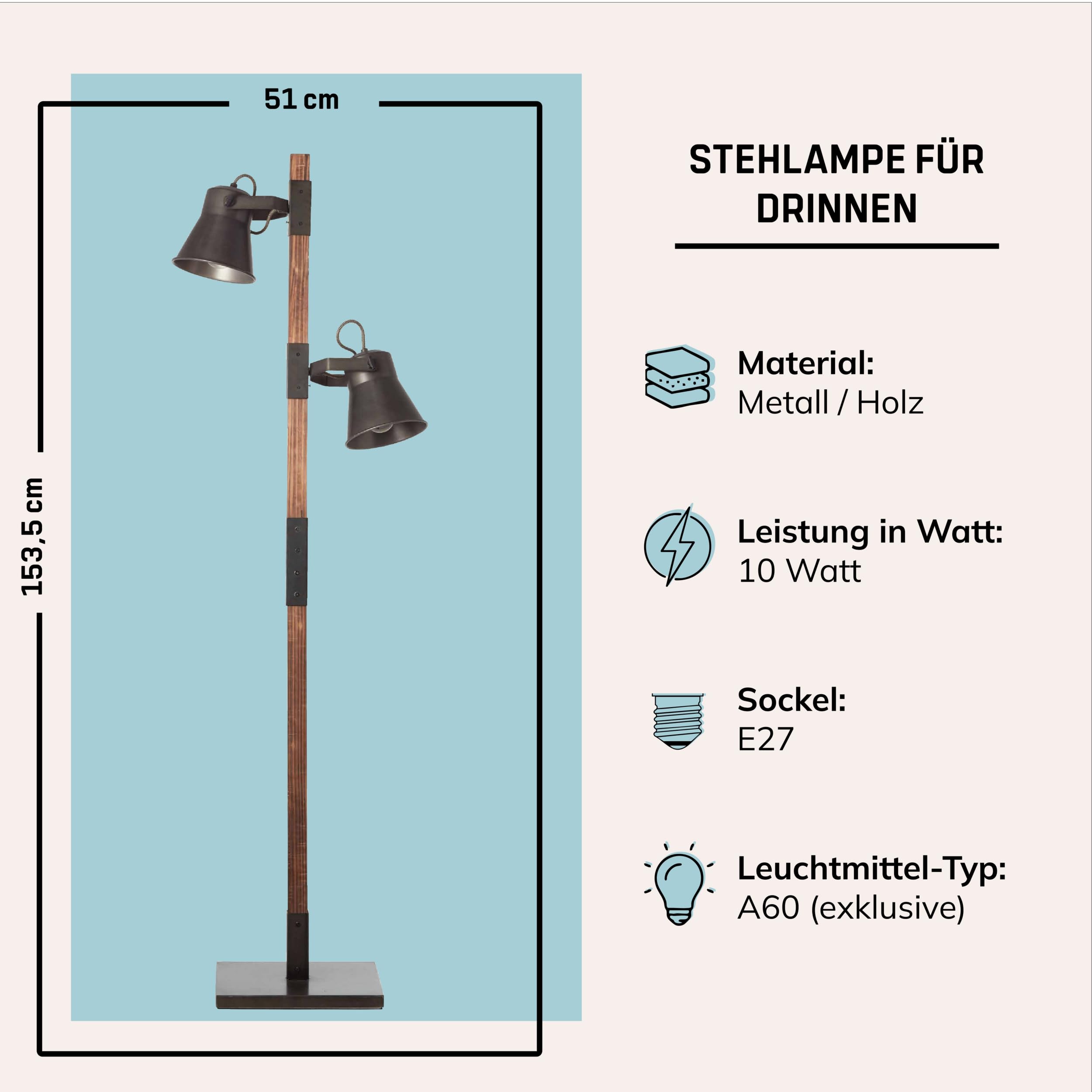 Lightbox Stehlampe im Industrial-Look - Standleuchte 2-flammig - 154cm Lampe für Wohnzimmer, Schlafzimmer & Esszimmer - E-27 Fassung exkl. LED