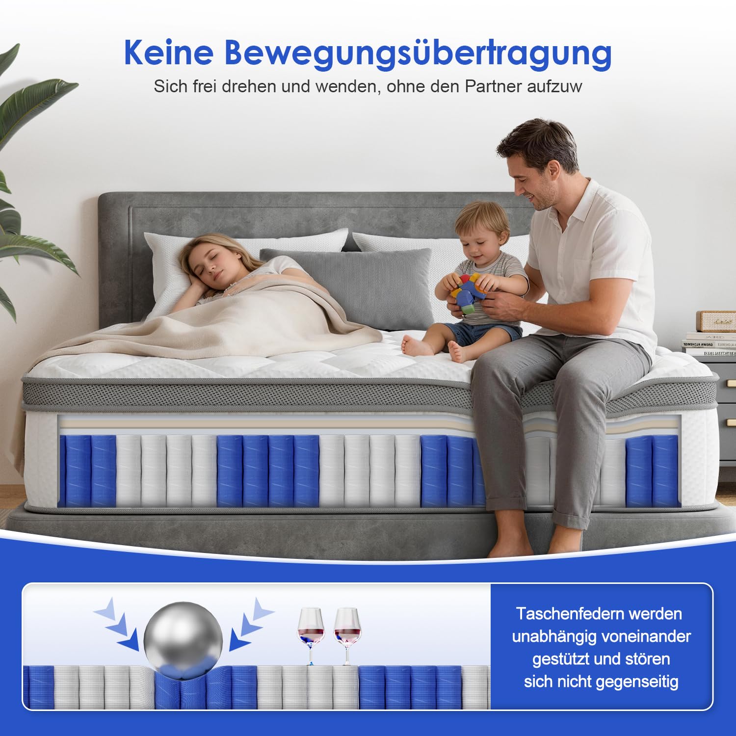 Matratze 90x200, Höhe 25cm Taschenfederkernmatratze, 7 Zonen orthopädische Matratze, Härtegrad H3 mit abnehmbarem waschbarem Spannbettlaken, Für die ganze Familie, Oeko-TEX Zertifiziert