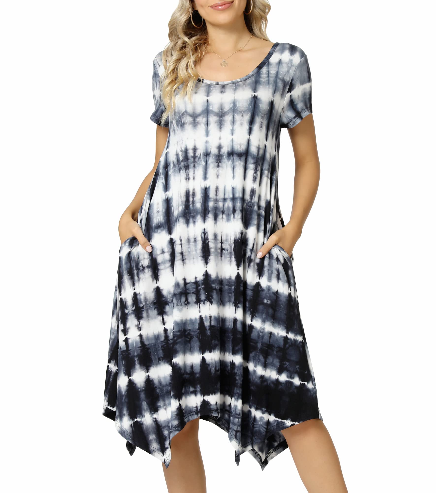 Women Casual Loose Soft Crewneck Short Sleeve Pockets Swing T-Shirt Dress