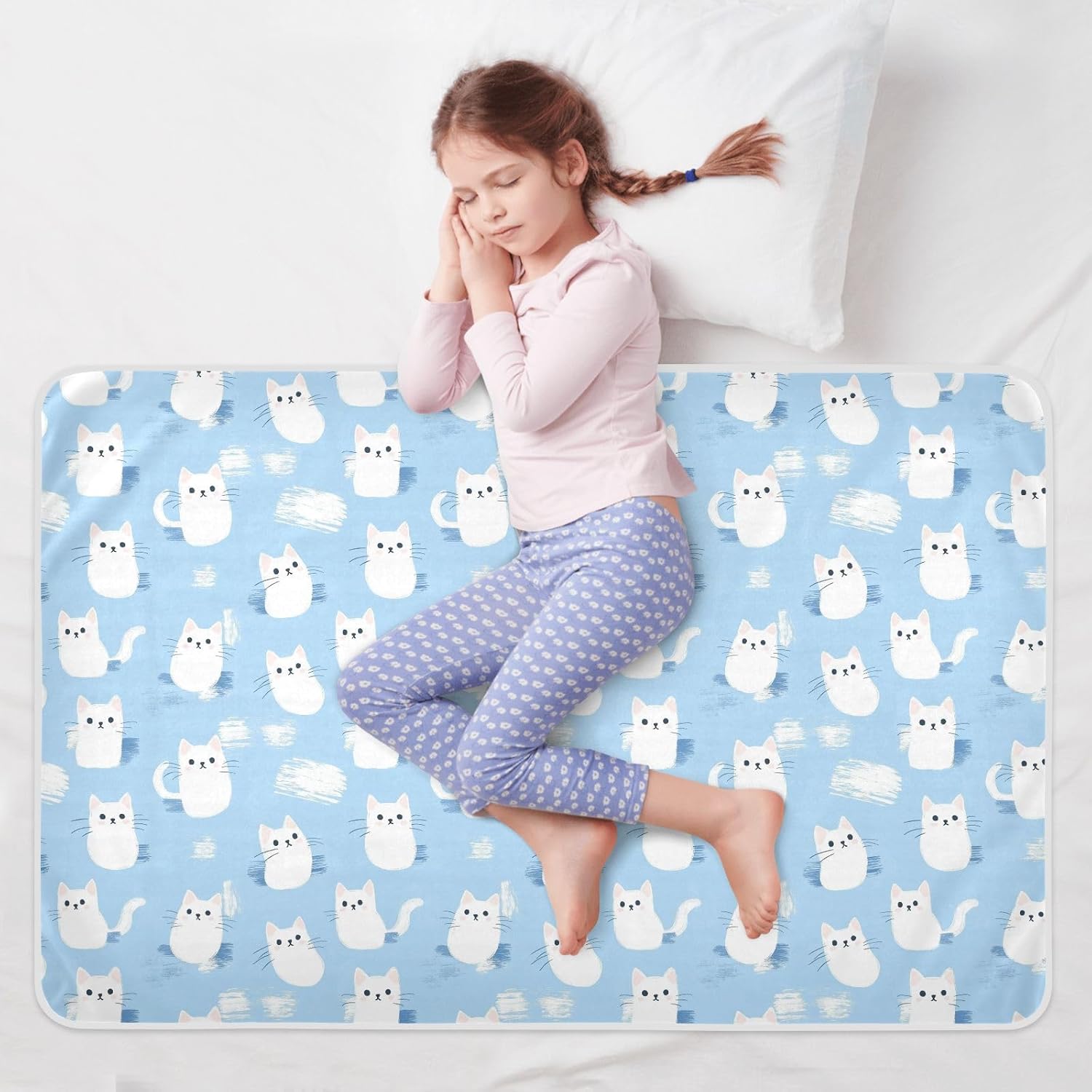 Cute Cat Light Blue Extra Large Resuable Potty Training Pee Pad Highly Absorbent Crib Pee Mattress Pad Portable Bed Liners for Toddler Kids , 52" L x 34" W