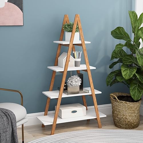 Miniatura 1 de Estantería de escalera blanca de 4 niveles, estantería de escalera de madera con marco en A, estantería moderna inclinada para sala de estar,