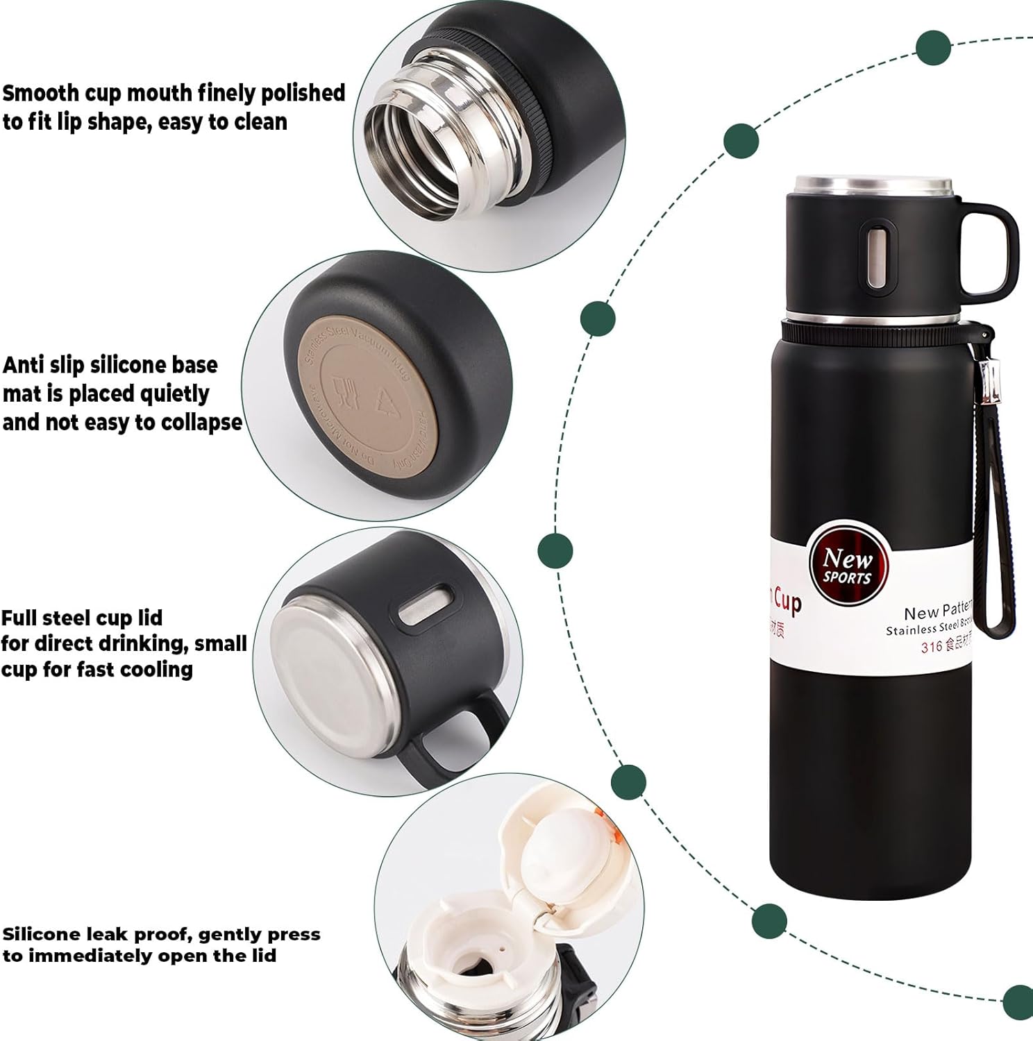 800ml Double wall vacuum Leakproof stainless steel wide mouth insulated water bottle,tea tumbler with tea strainer infuser basket,cup and lid; travel coffee thermoses hot drinks,cold thermal flask