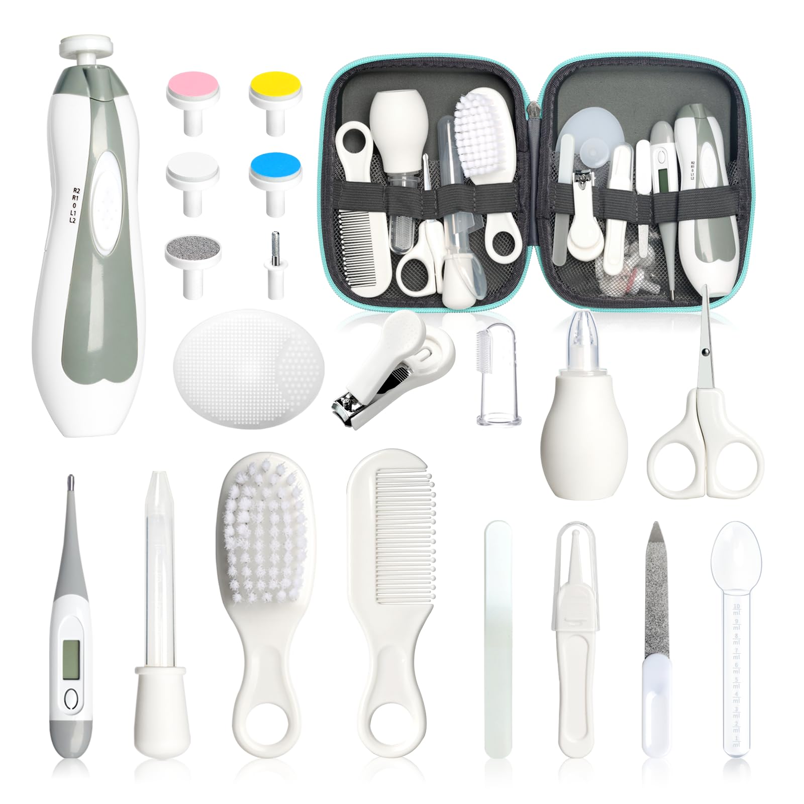 Kit de cuidado y aseo para bebés, 21 piezas, cortaúñas eléctrico para bebés, set de cuidado de la salud para recién nacidos, bebés, niños pequeños, niñas, herramientas de corte de pelo, 21 kits, gris y blanco
