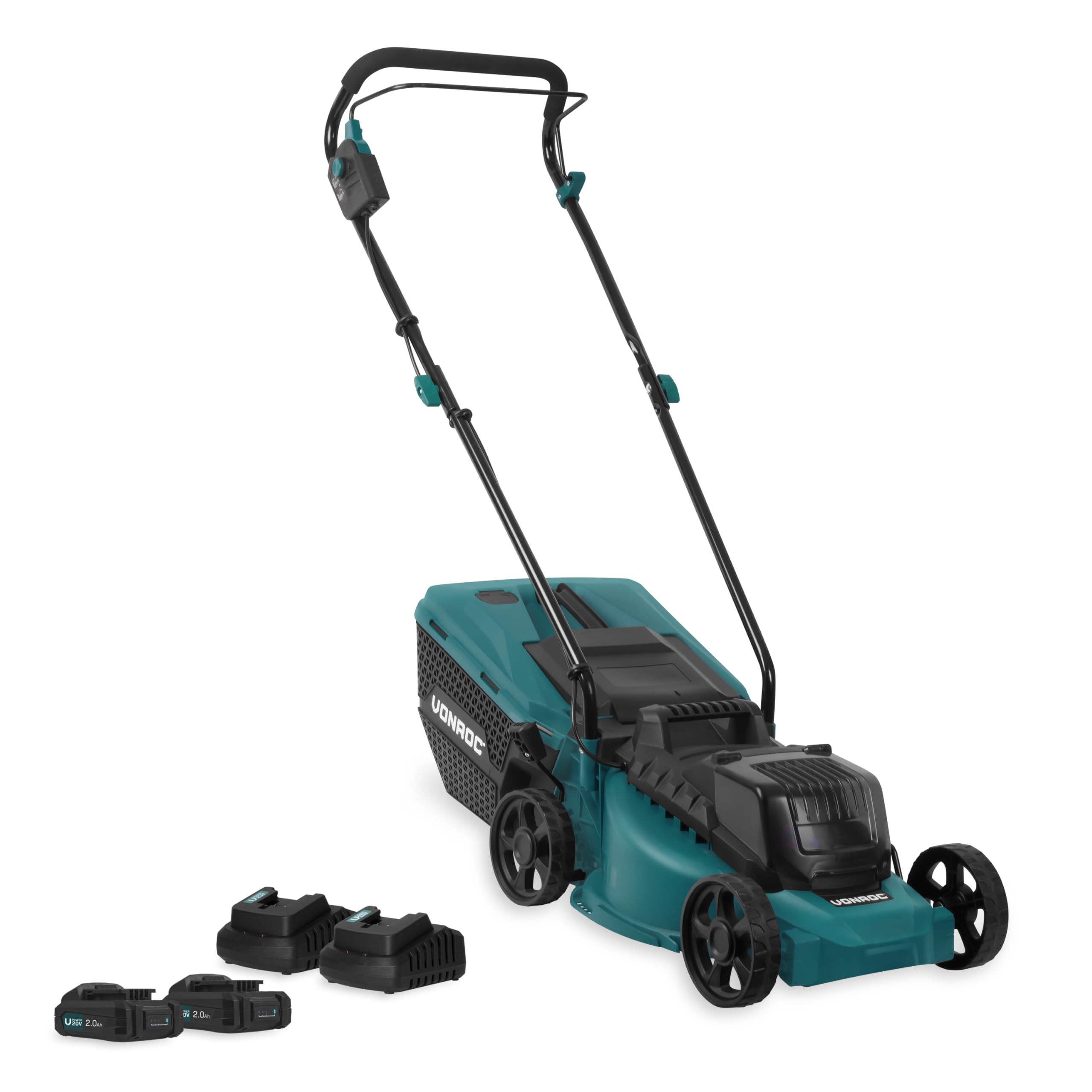 VONROC Tondeuse à Gazon sans Fil 40V - Moteur Compact et Léger - Bac à Herbe 30 L, Hauteur de Coupe Réglable 30 à 70 mm - Moteur sans Balais à Charbon - 2X Batteries 2.0Ah + Chargeurs Inclus