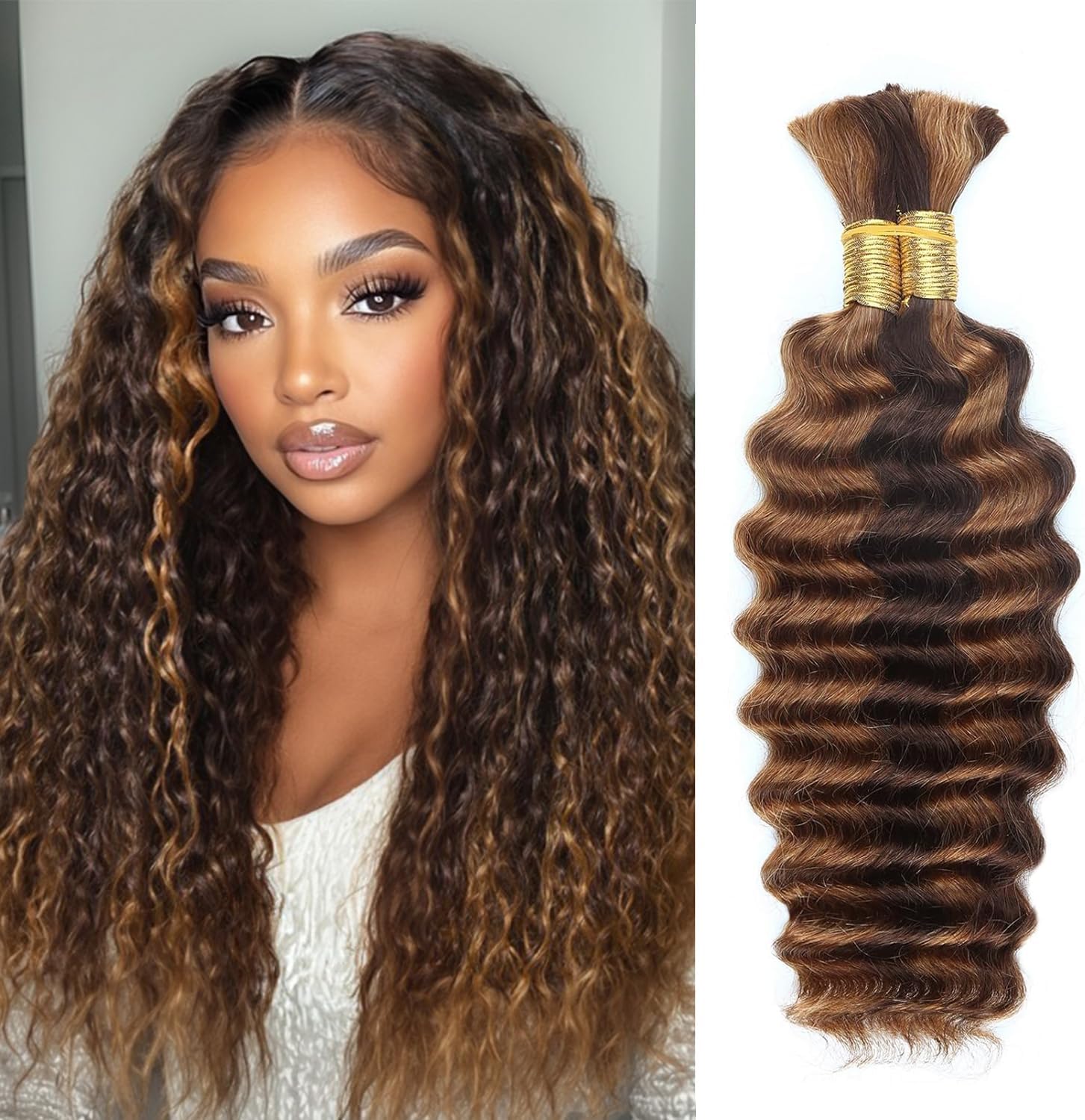 4/30 Human Braiding Hair Deep Wave Bulk 100g 16 Inch Highlight No Weft Curly Braiding Hair Extensions for Boho Braids Wet and Wavy Braiding Human Hair Bundles