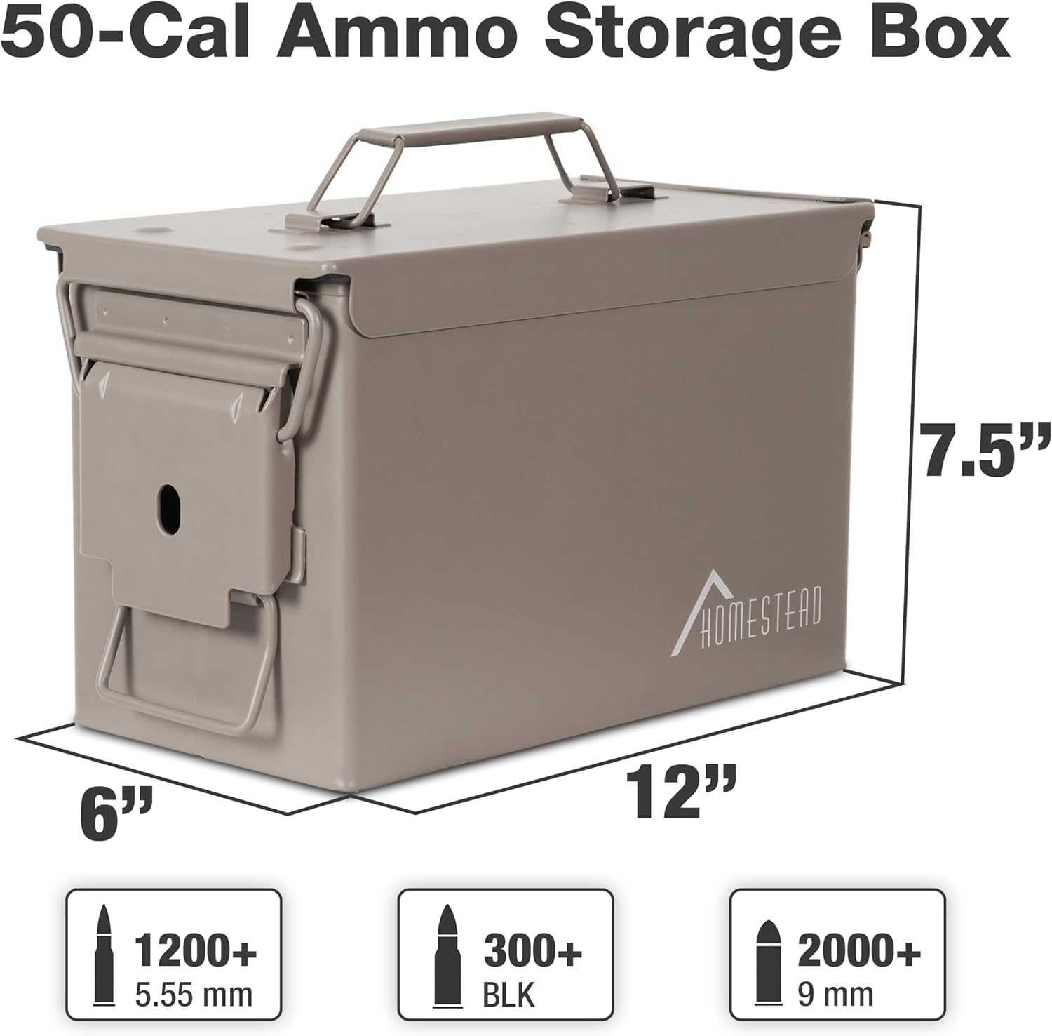HOMESTEAD 50 Cal Metal Ammo Can – 6-Pack M2A1 Military Grade Ammo Storage Box, Airtight & Water-Resistant Ammo Containers for Long-Term Storage, Desert Tan Color