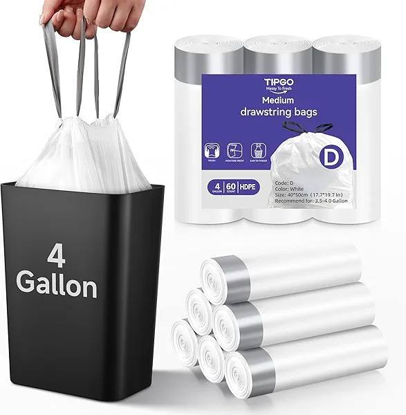 Drawstring 4 Gallon Trash Bag, Pre-Cut Strong Wastebasket Bin Liners, White Garbage Bags for Home, Office, Bathroom (Code D, 60 Count)