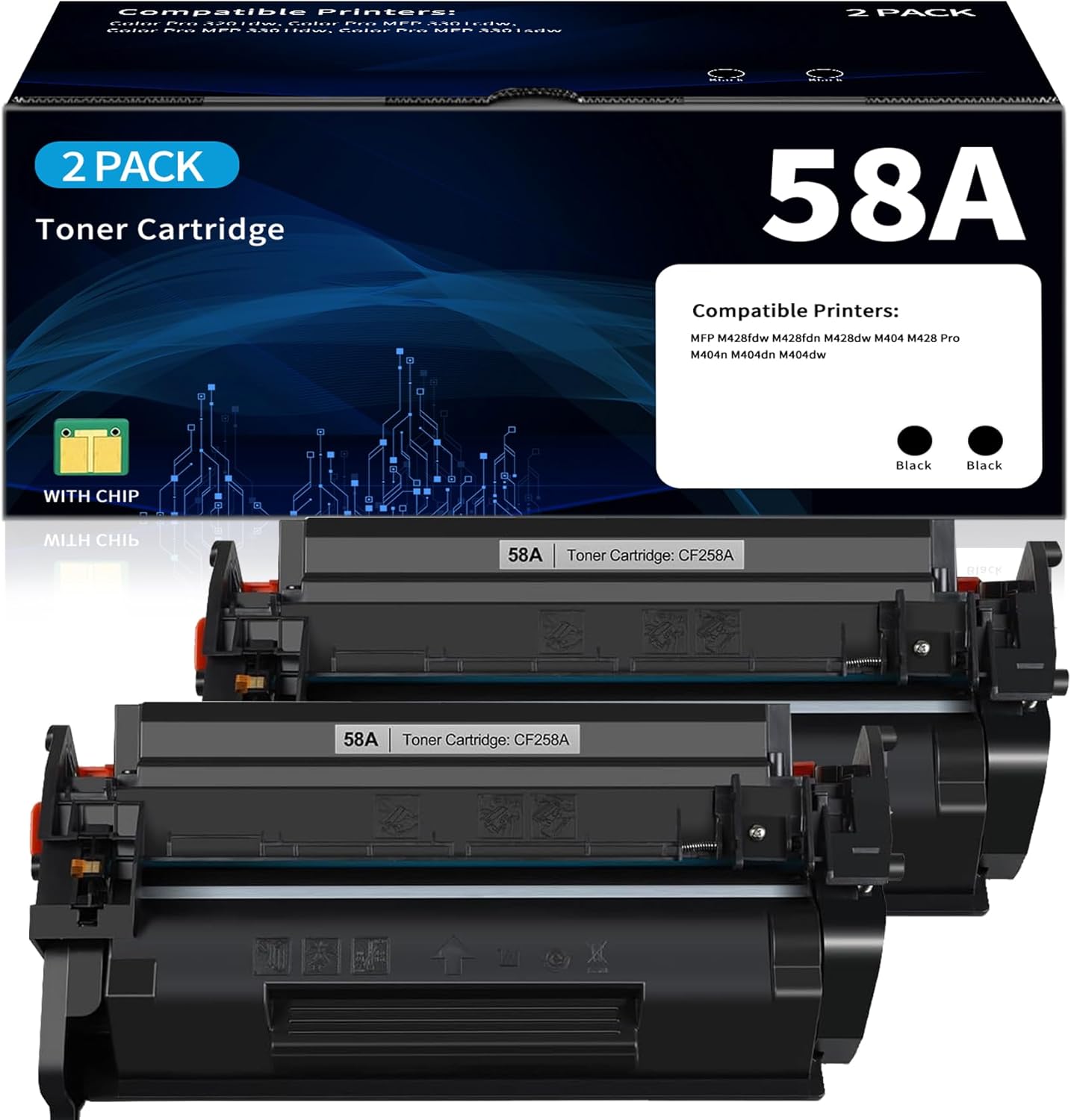 58A CF258A Toner Cartridge Compatible with HP58A 58X CF258A Black Toner Cartridge with Pro MFP M428fdw M428fdn M428dw M428 Pro M404n M404dn M404dw M404 Printer(2PACK Black)