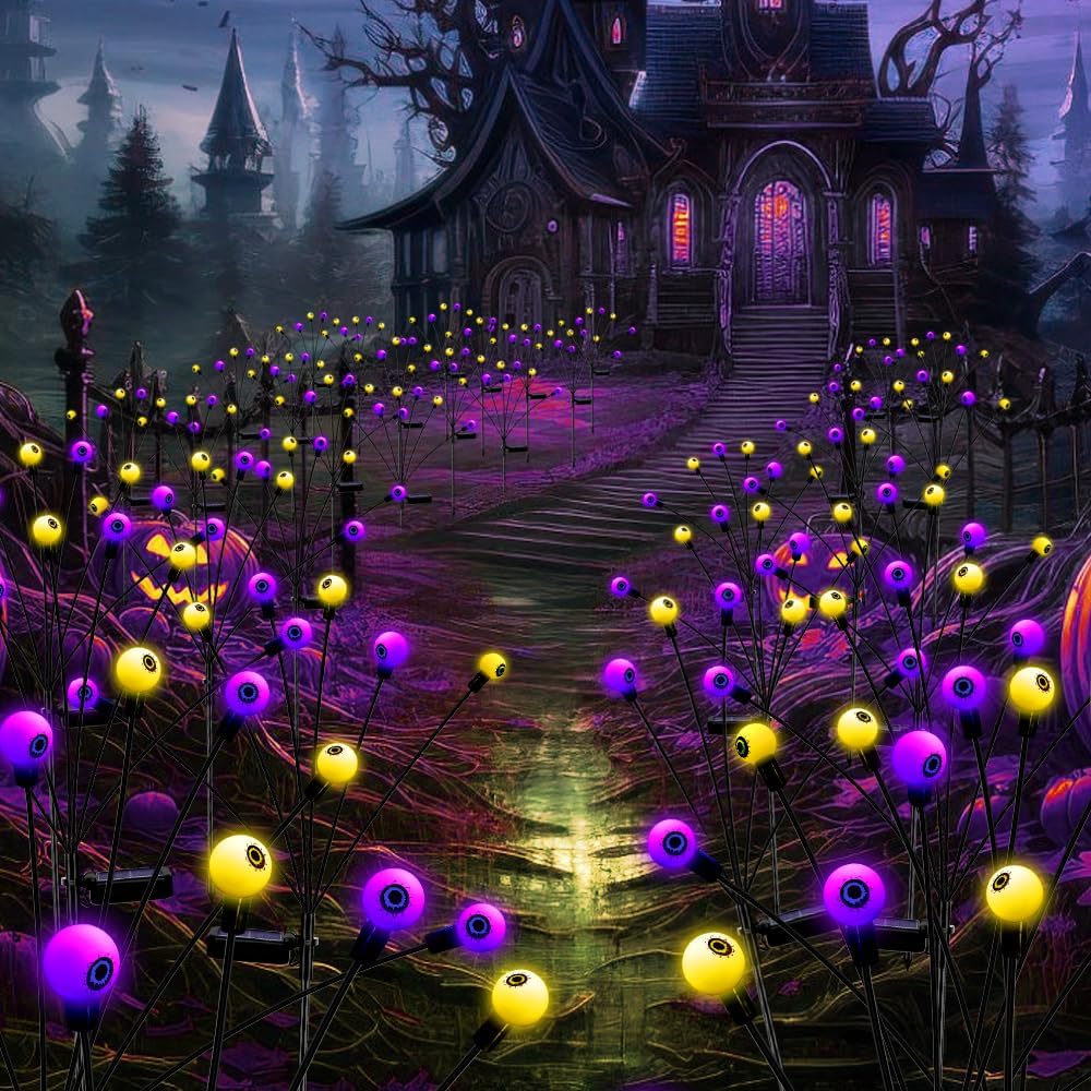 EASYBUY Halloween Decorations Outdoor, 2 Pack 12LED Solar Eyeball Pathway Lights, Scary Waterproof Solar Green Firefly Lights for Garden Lawn Yard Decor(Purple and Warm Light)