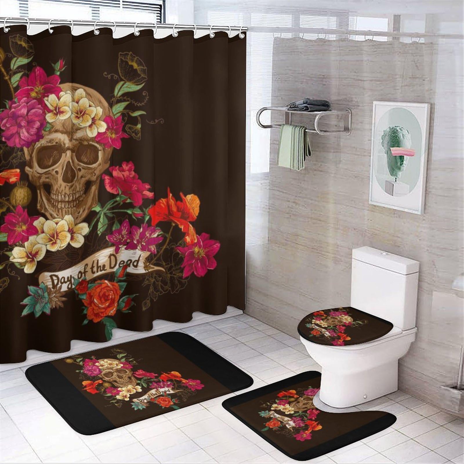 JZemdybill Bathroom Mat Set 4 Piece, Floral Sugar Skull Day of The Dead Shower Curtain with Non-Slip Bath Mats for Bathroom