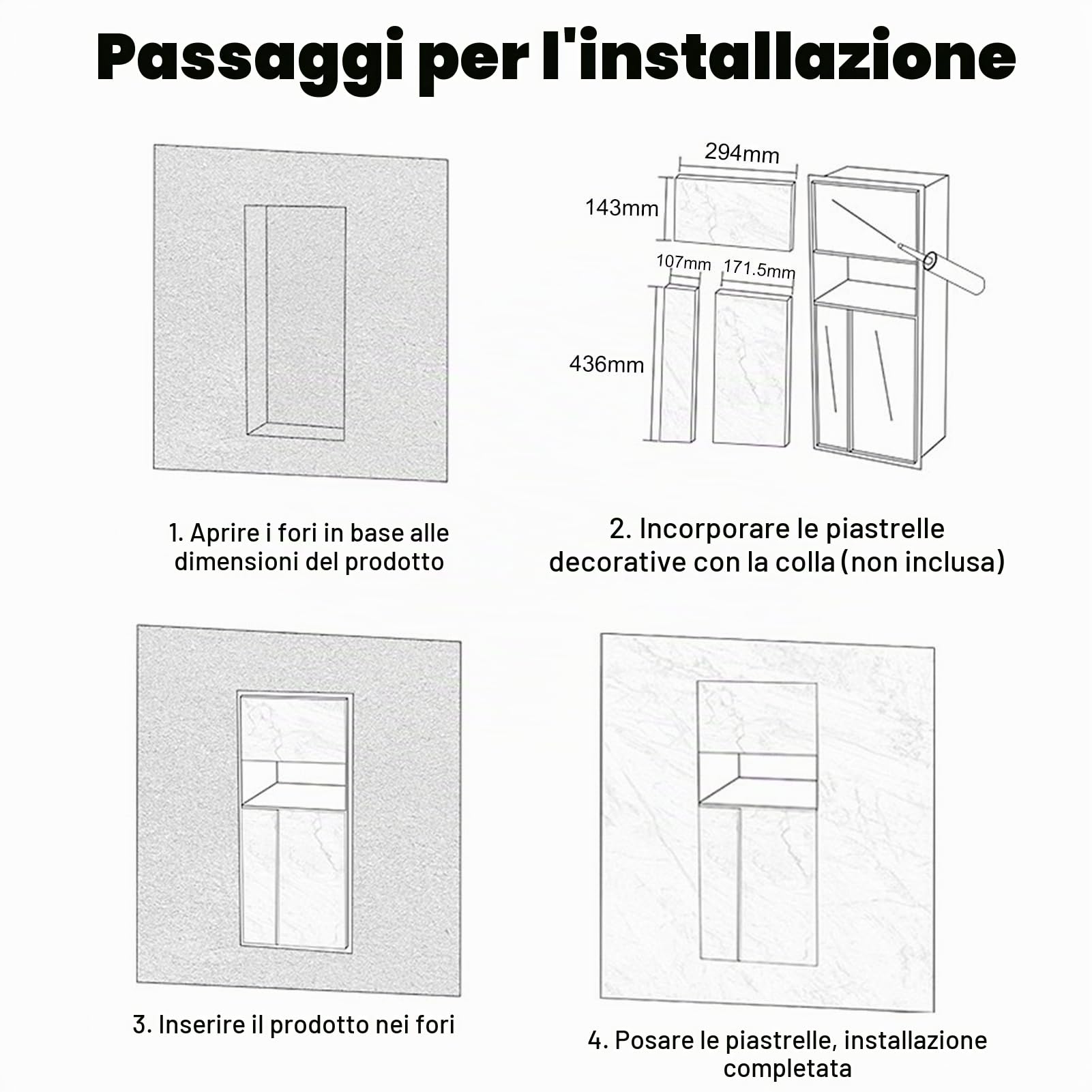 Portarotolo da Incasso per Carta Igienica per Bagno, Nicchia Doccia a Scomparsa Piastrellabile, Dispenser Carta Igienica Incasso con Cestino per i Rifiuti