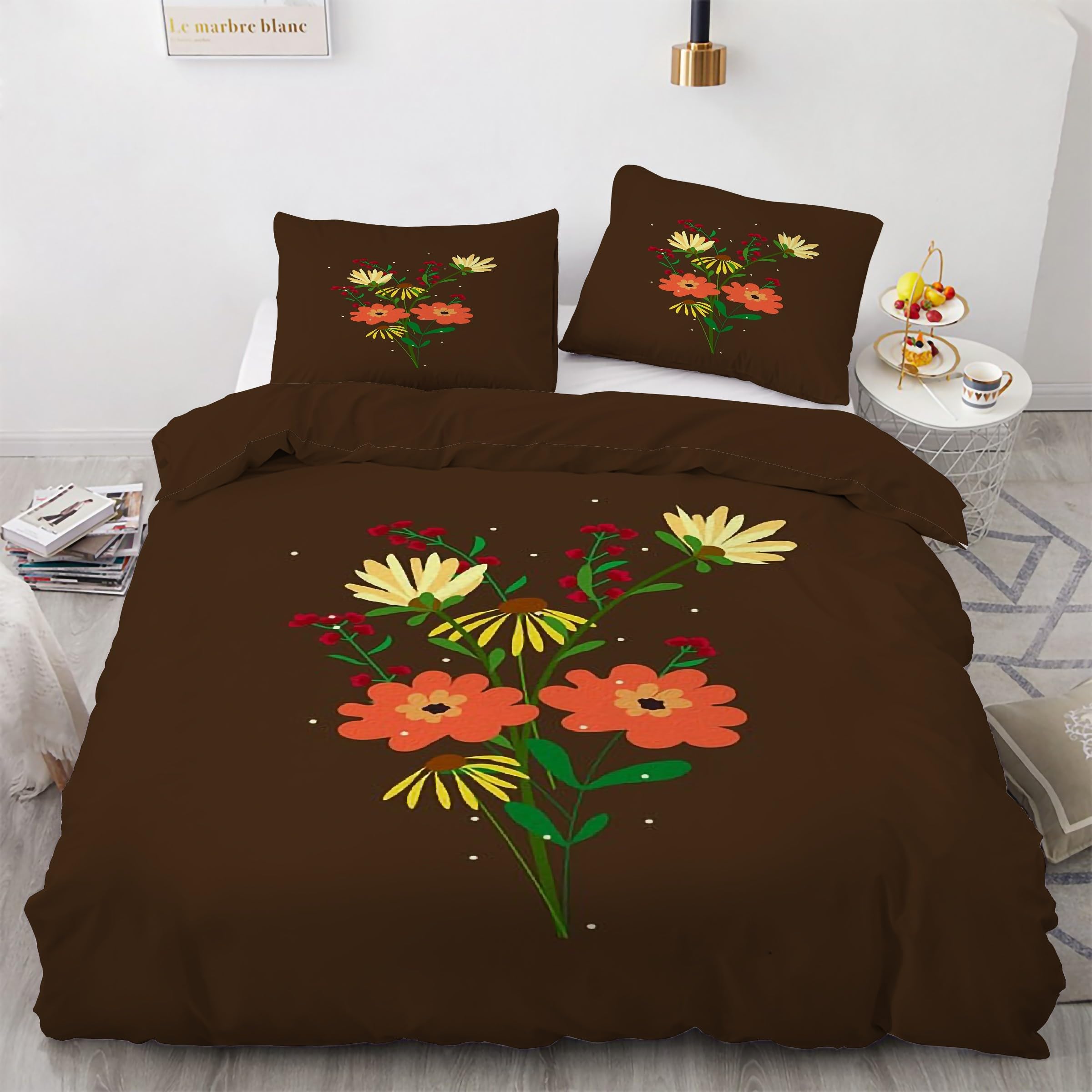 Parure de lit 90x190 anti-plis avec fermeture éclair, housse couette fleurs microfibre douce
