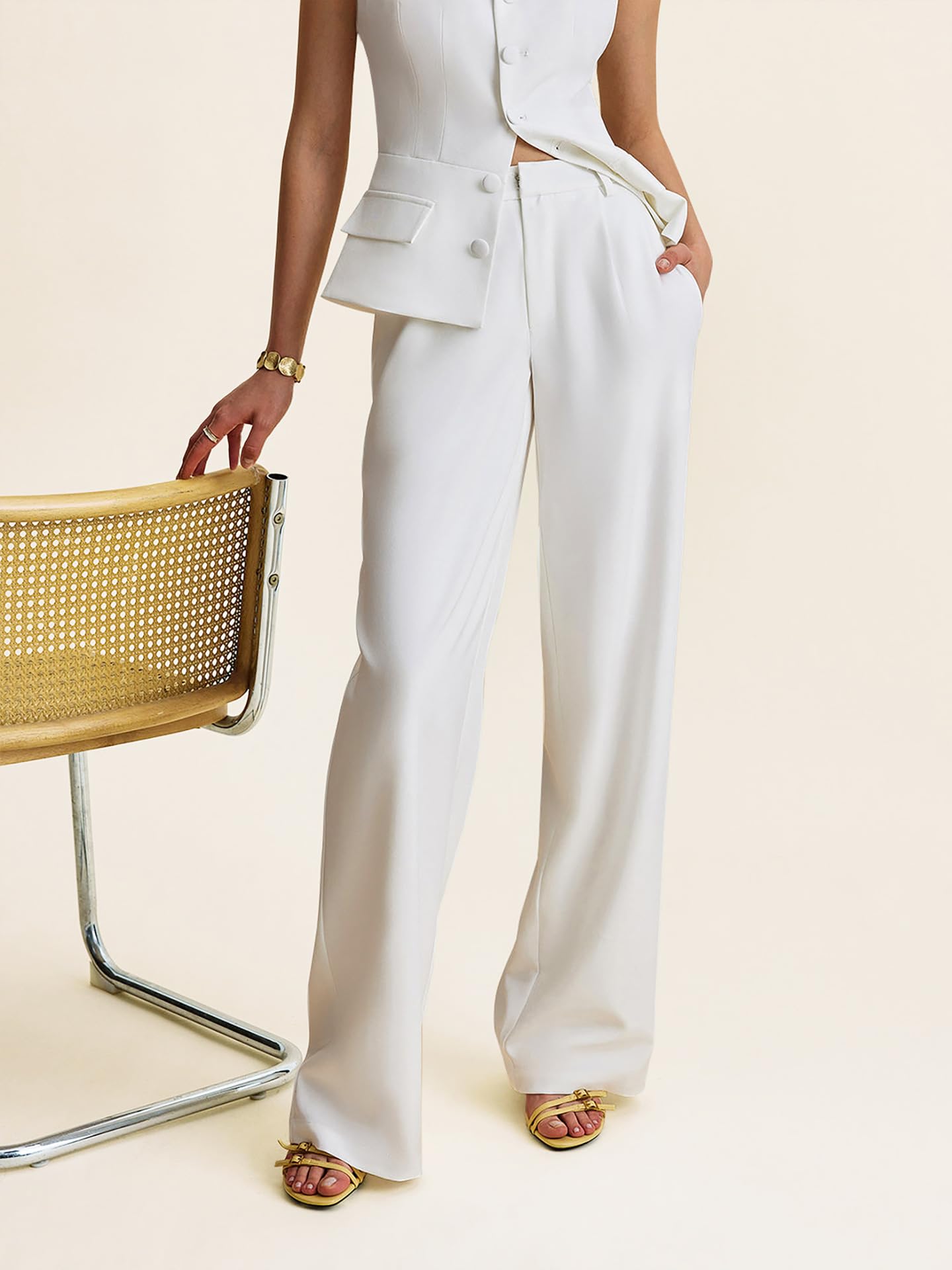 Conjunto Mujer Conjunto De Dos Piezas Blanco Para Mujer Chaleco Sin Mangas Con Cuello Y Botonadura Sencilla Y Pantalones De Pierna Ancha A Juego Ideal Para Ocasiones Formales Como La Oficina Bodas O