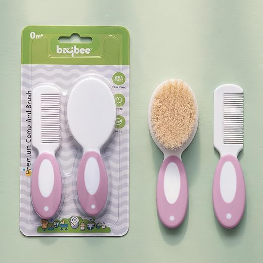 Baybee Ultra Soft Baby Comb & Brush Set | Brush with Soft & Gentle Bristles, Rounded Tips Comb for Better protection of Baby’s Scalp | Complete Hair Grooming Kit 0M+ Newborns, Infants, Toddlers (Pink)