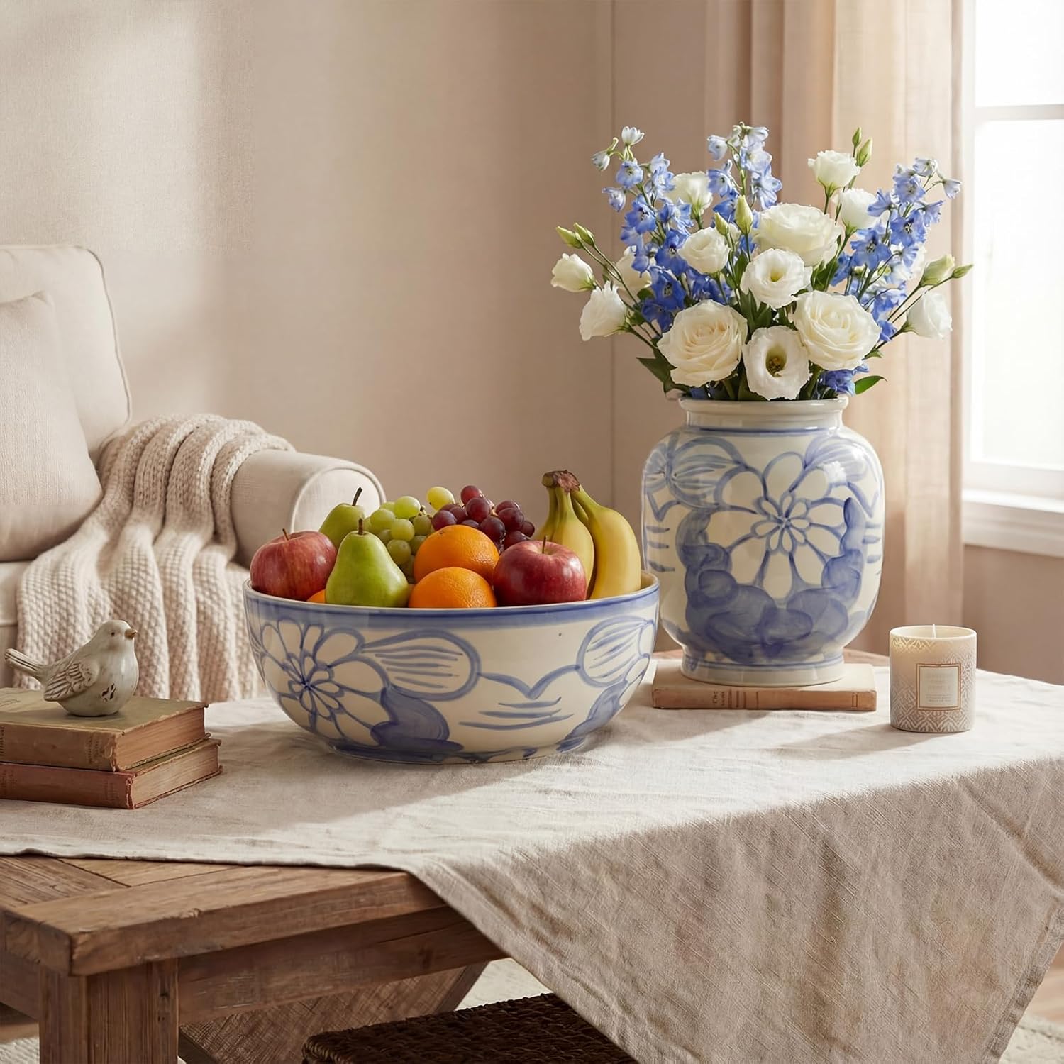 LemonRoad Large Blue and White Bowl Hand Painted Stoneware Decorative Bowls 16" x 7.7'' Floral Chinoiserie Ceramic Planter XL Pottery Porcelain Rice Bowl for Cereal Fruit Serving Kitchen Centerpiece