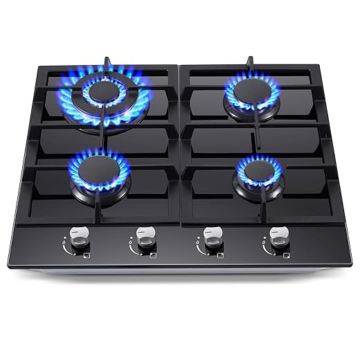 Gas Stove Top 24 Inch, Amzgachfktch Built-in Gas Cooktop 4 Burner, Black Tempered Glass Stove with NG/LPG Conversion Kit, Kitchen Propane Cooktop with Thermocouple Protection