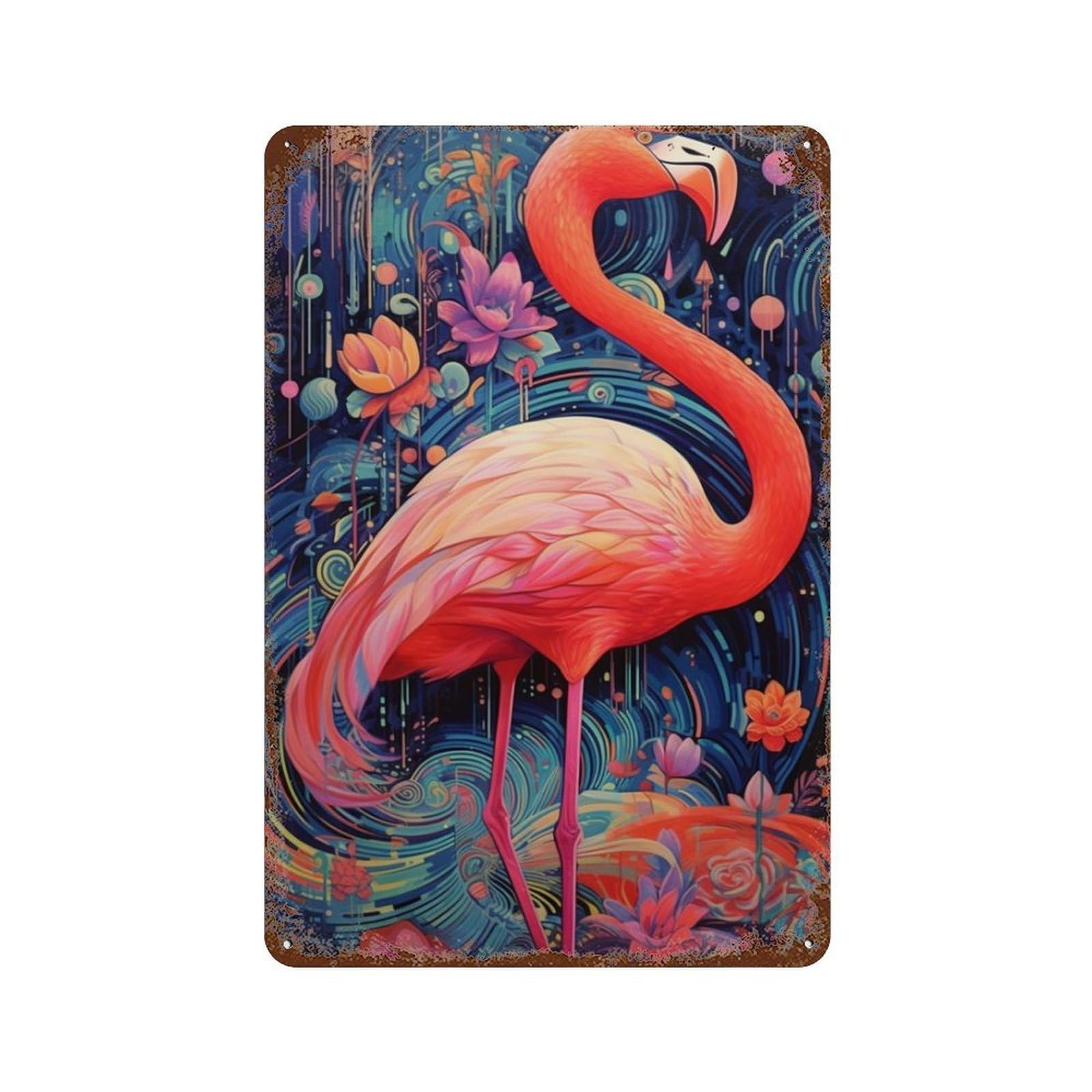 Colorful Flamingo Art Print Aged Metal Wall Plaque 11.8"x7.9", for Garage, Bar And Workshop Decor, Farmhouse Wall Decor