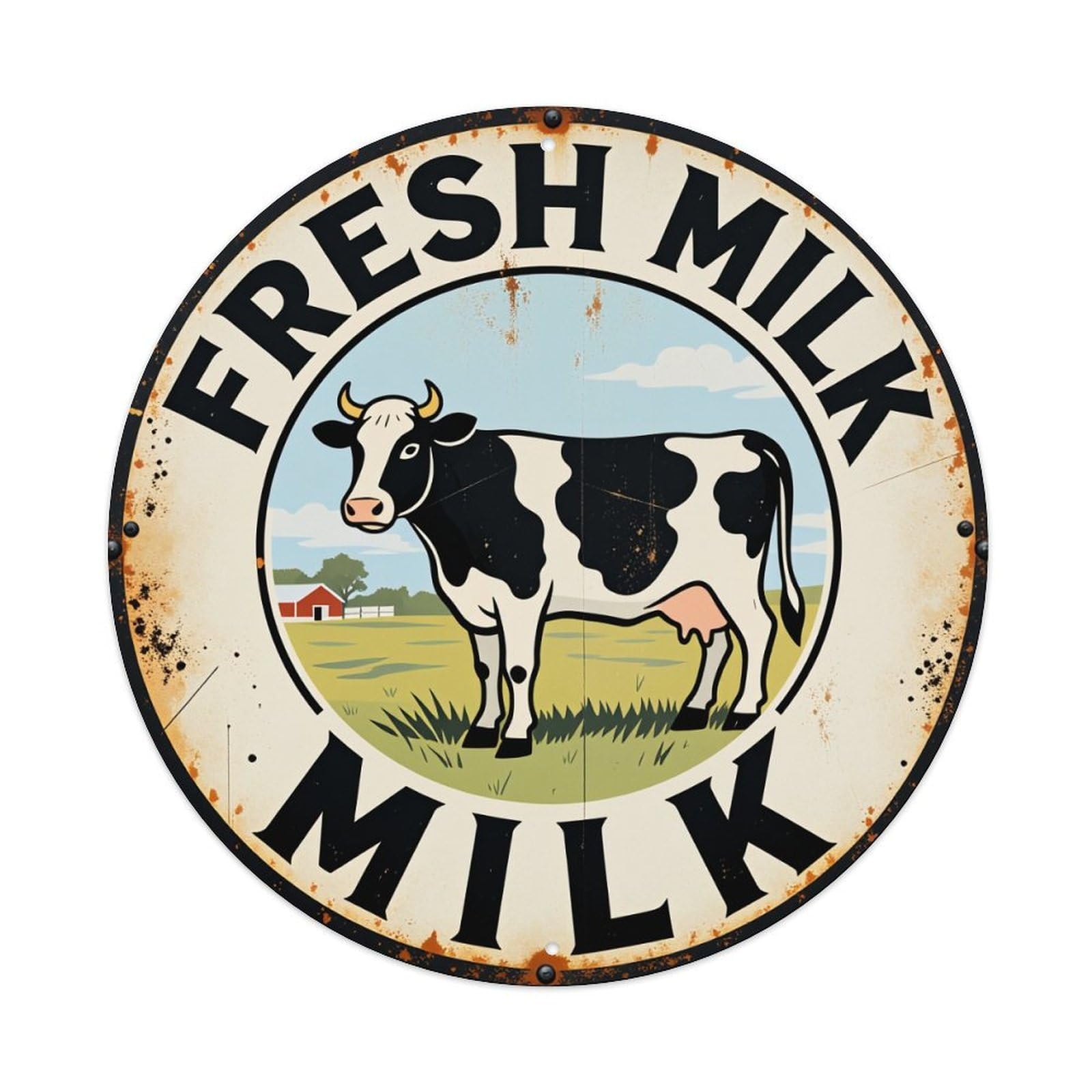 Fresh Milk Cow Farm Sign Round Tin Sign Vintage Style Metal Sign Home Bar Garden Wall Plaque Decor Metal Poster 8x8 Inch