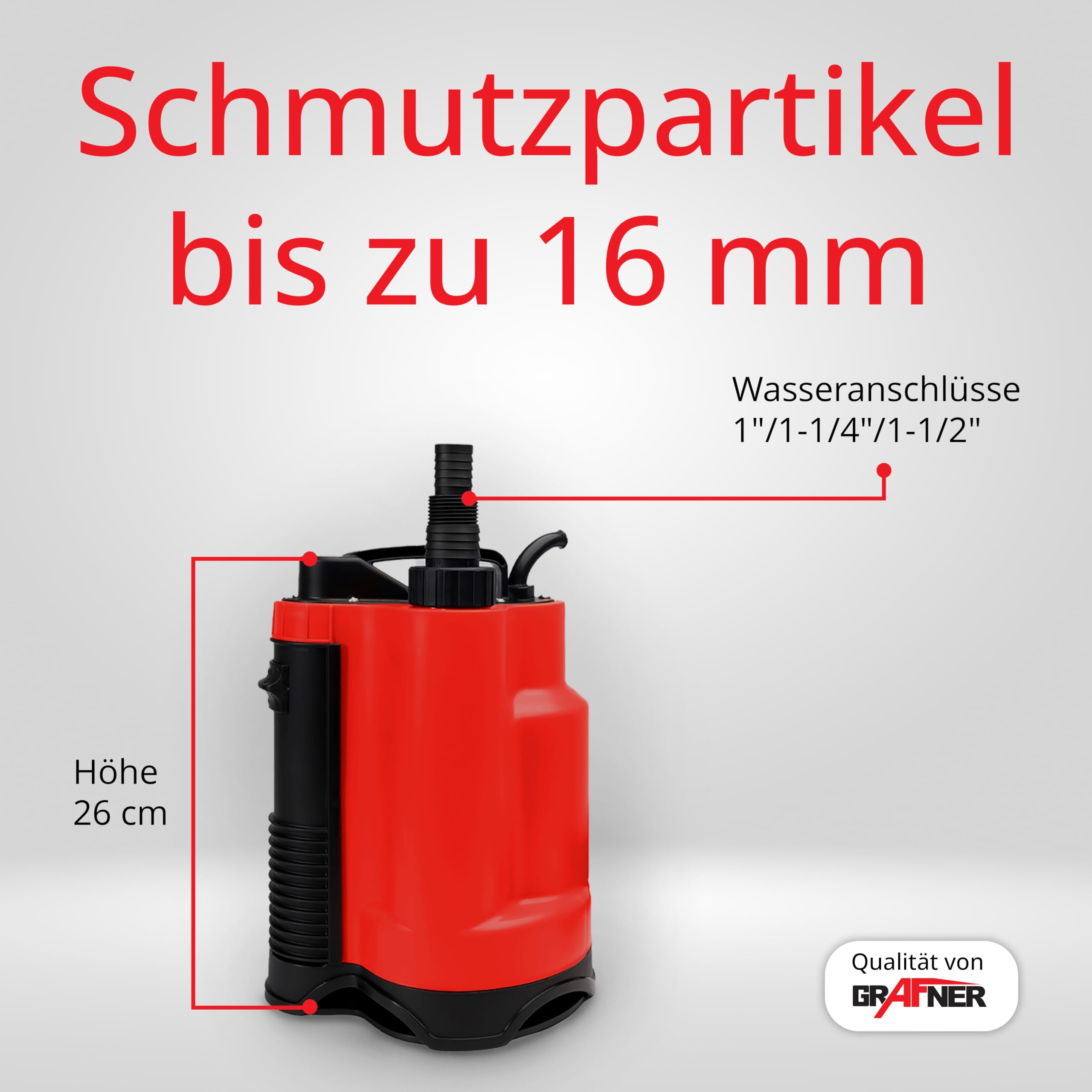 Grafner Drainage Schmutzwasserpumpe 400 Watt bis 7500 l/h Förderleistung, mit Schwimmschalter, flachabsaugend bis 25 mm, Ø16mm Fremdkörper, Drainage Tauchpumpe Schacht Druckpumpe