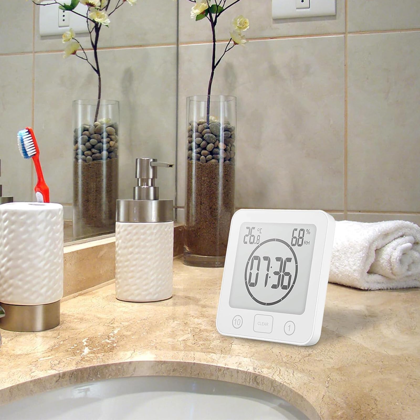Reloj de Ducha Digital Con Termómetro, IP24 Resistente, Temporizador de Alarma Para Baño Con Higrómetro, Gran Pantalla LCD, Timer de Cocina