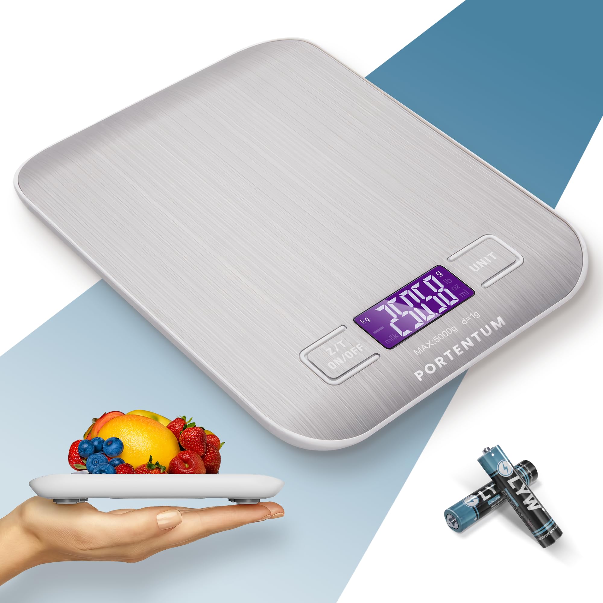 PORTENTUM Digital Kitchen Scales 5kg/11lb with Large LCD Display, Food Scales with Large Stainless Steel Weighing Surface, Liquid Measurement, High Precision up to 1 g, Tare Function, Silver