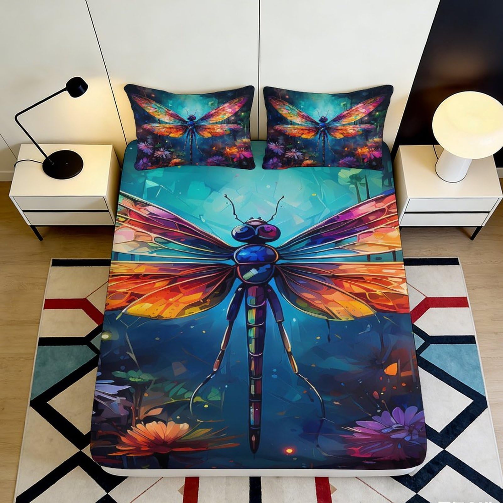 3D Printed Colorful Dragonfly Fitted Sheet Microfiber Soft Bedroom Decor Artistic Floral Mattress Cover 90x200x25cm