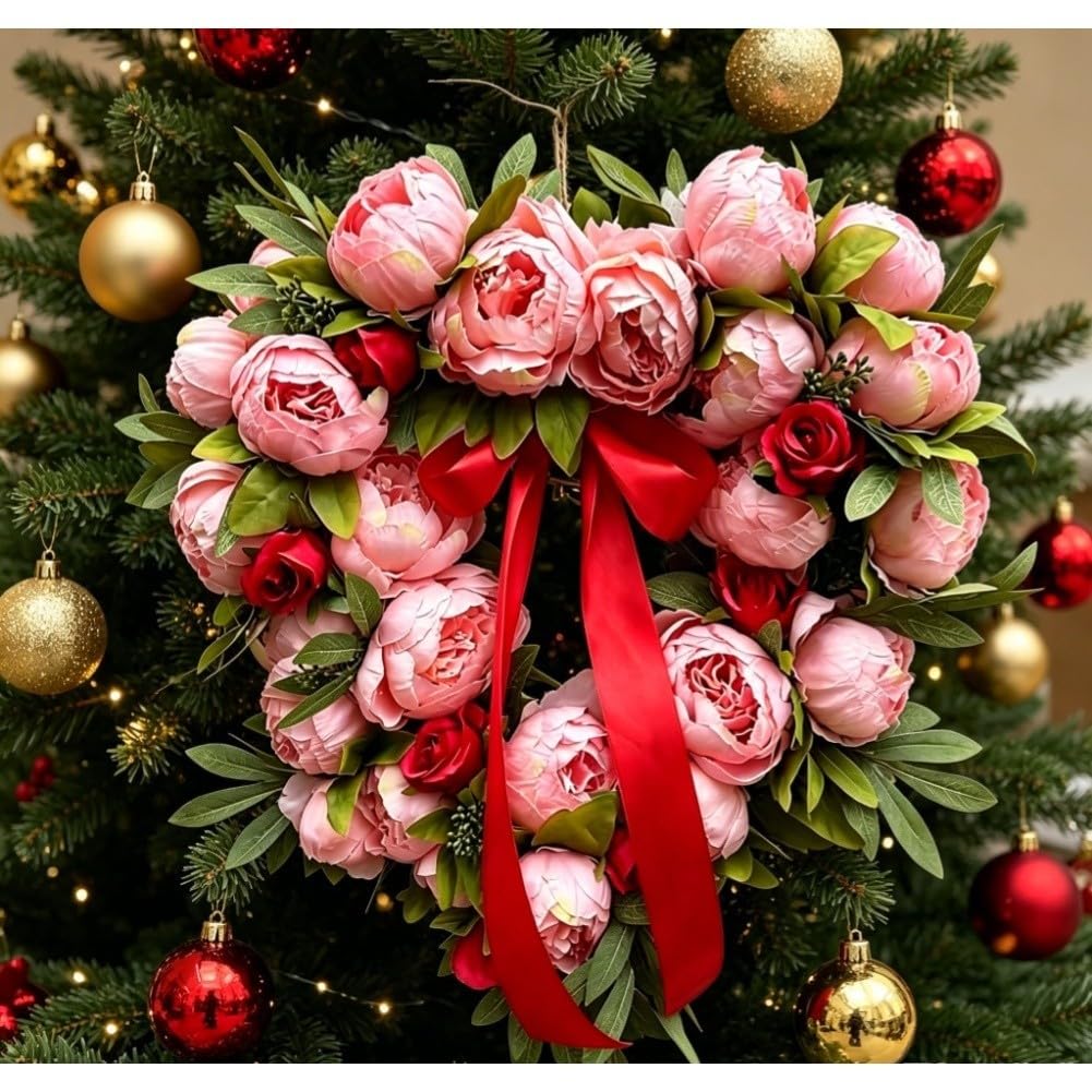FACAIIO Ghirlanda di peonie artificiali 40 cm primavera per porta appeso decorazione a forma di cuore composizione floreale rosa decorazione floreale casa ingresso