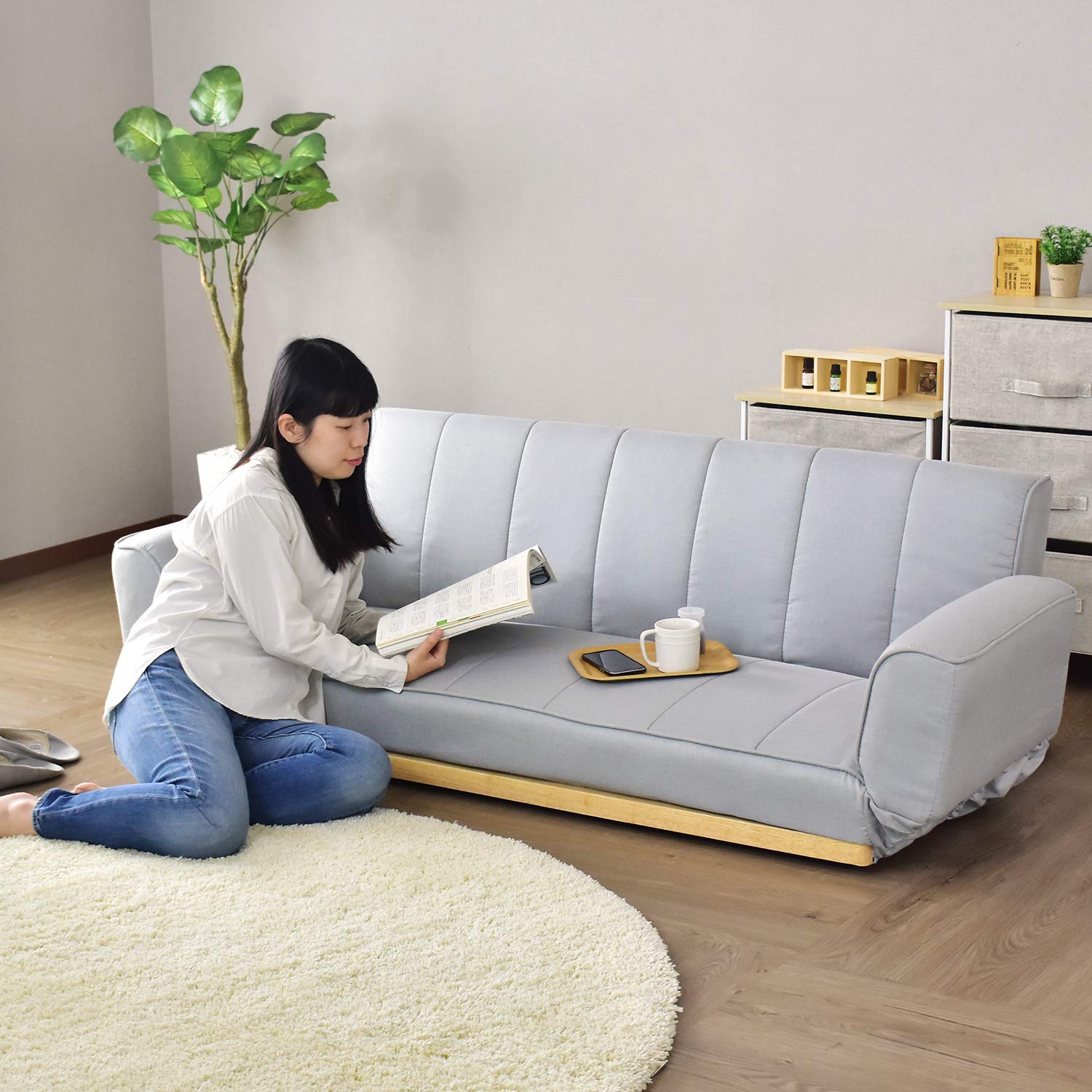 グレー ファブリック ソファベッド アームレスト付き 【公式通販】