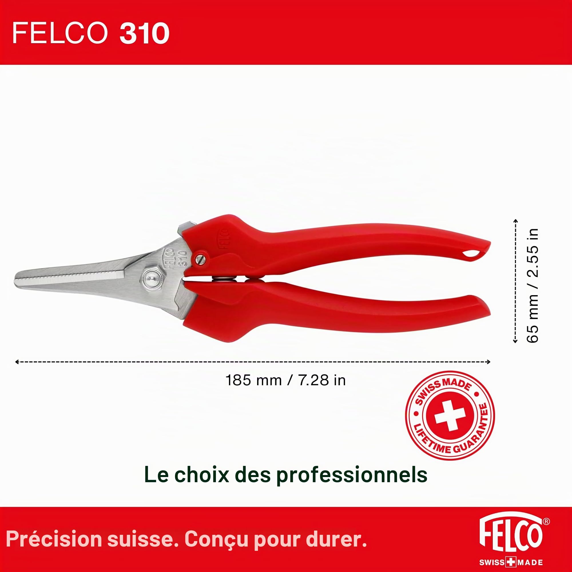 FELCO 310 épinette de précision inox, lame fine 46 mm incurvée, coupe 10 mm, cueillette fruits et fleurs, poignées ergonomiques, ressort intégré, outil léger et maniable, idéal espaces restreints