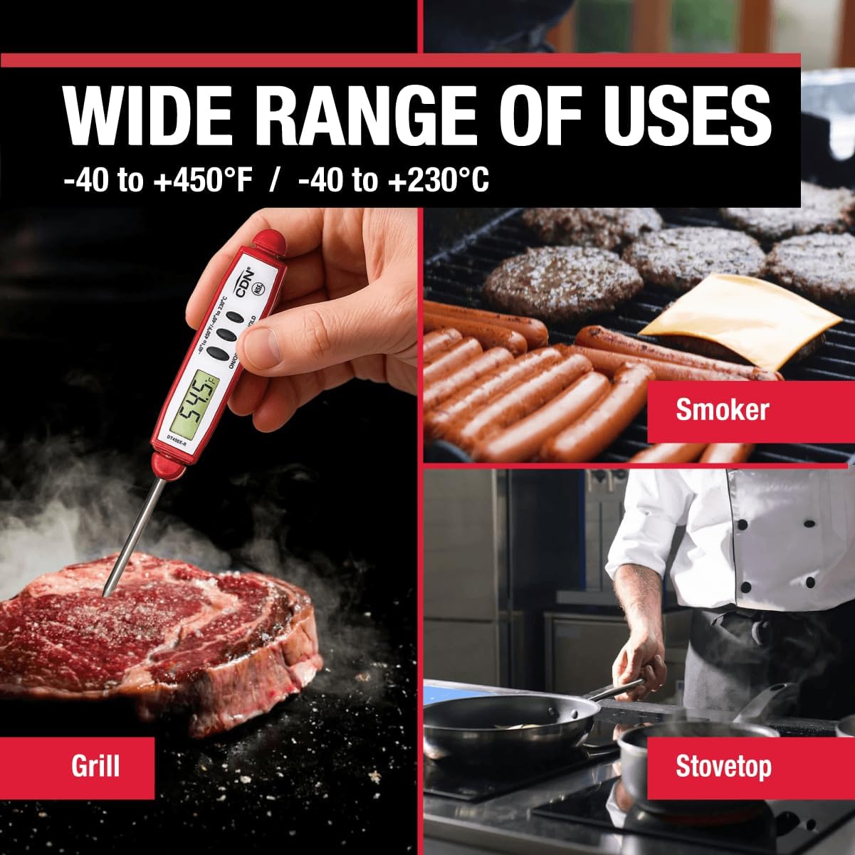 CDN ProAccurate® Instant Read Digital Pocket Thermometer with 2.75" Stainless Steel Tip for Accurate Temperature Measurement, Red (DT450X-R)