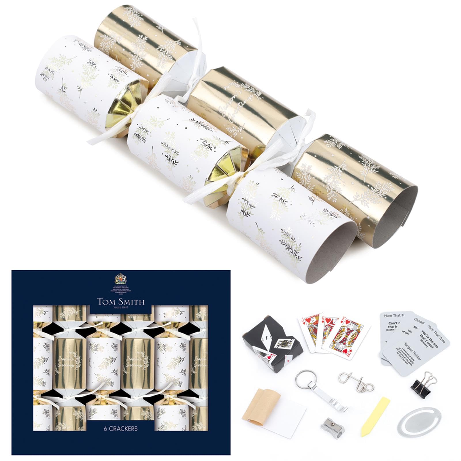 Tom Smith Multicolor Pack 6 Luxury Mini Charity Christmas Crackers White & Gold Festive Foliage Design